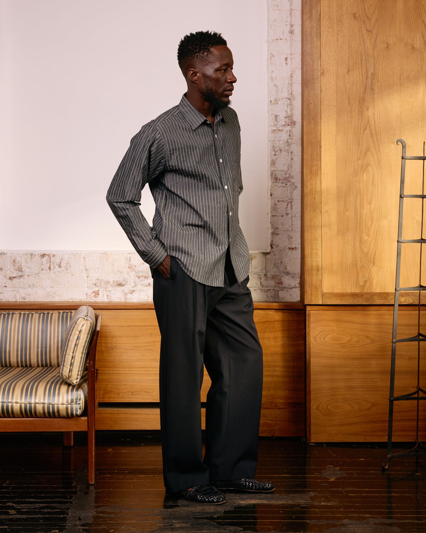 Curve Hem Dress Shirt: Black Metallic Stripe