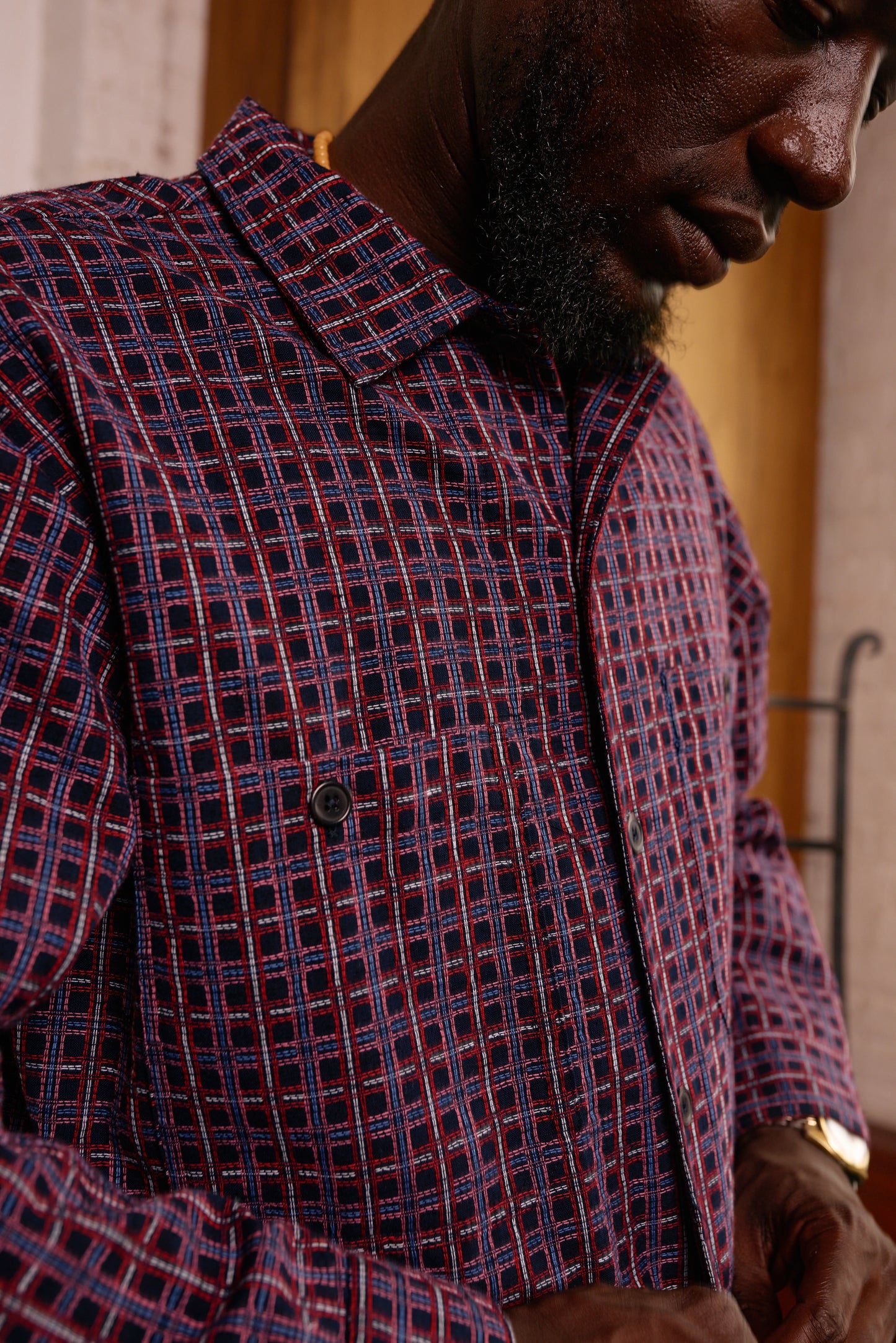 Raw Hem Overshirt: Navy Stitched Plaid