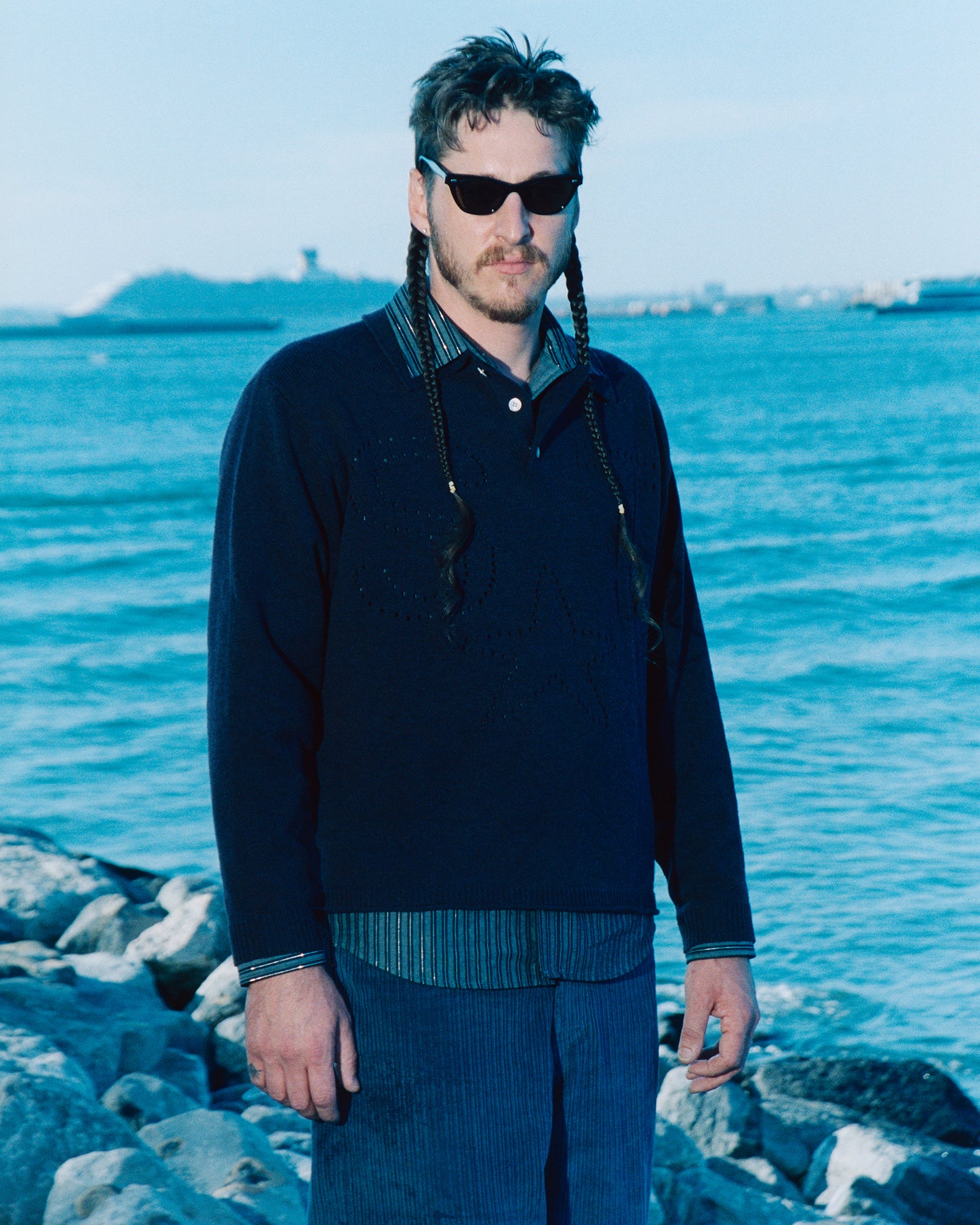 Curve Hem Dress Shirt: Black Metallic Stripe