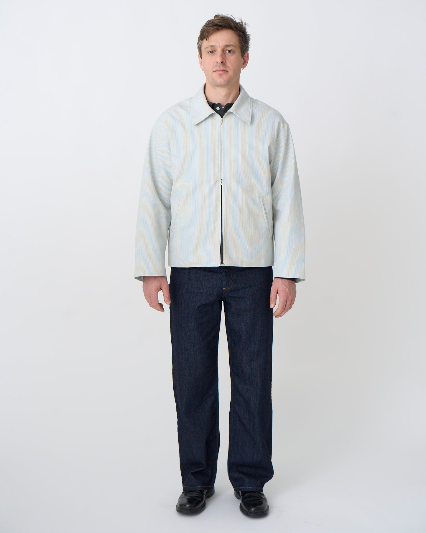 Western Zip Front Jacket: Sea Blue Cotton Dobby Stripe