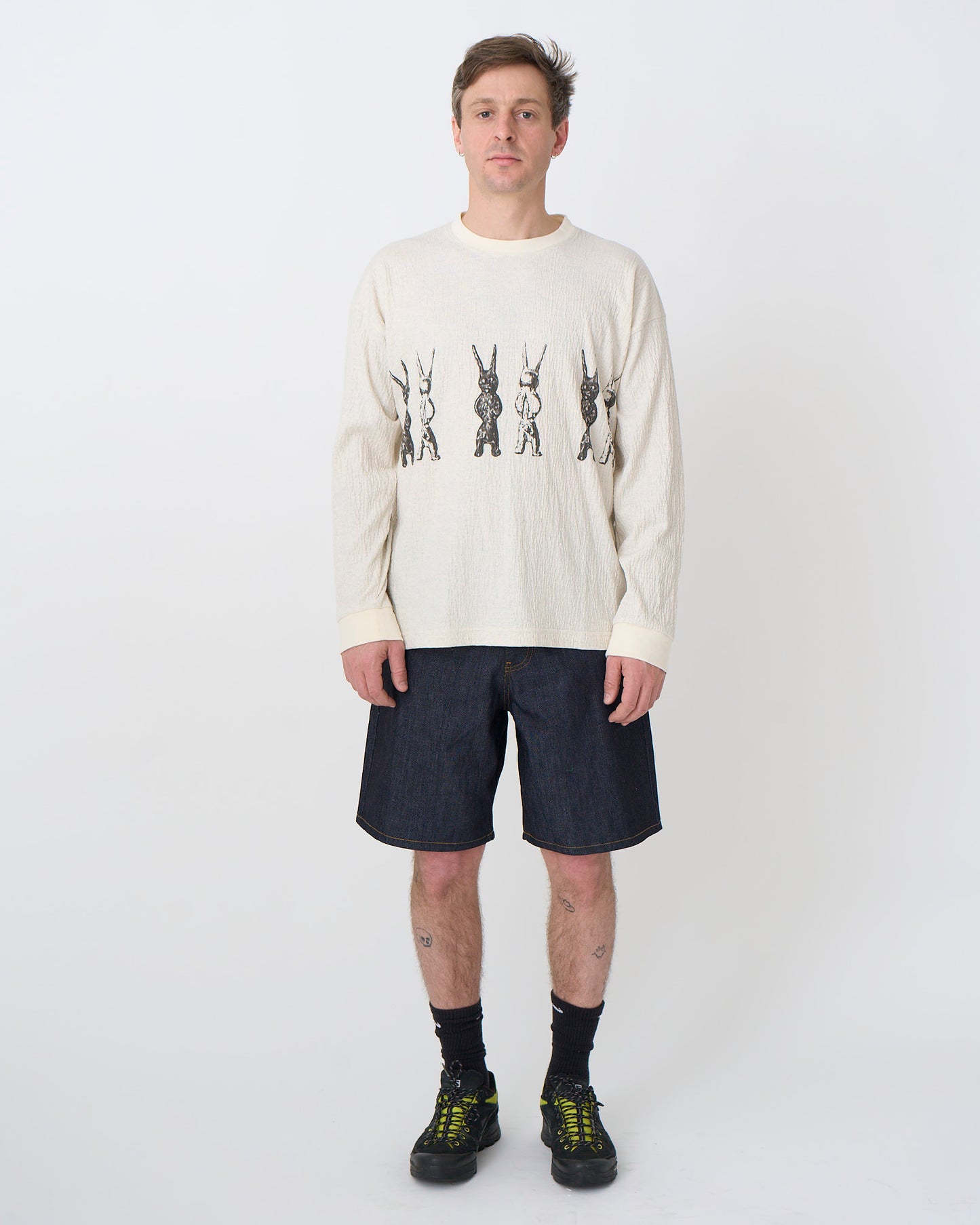 L/S Tee: Stone Bunnies Print, Ivory Heather Crinkle Jersey