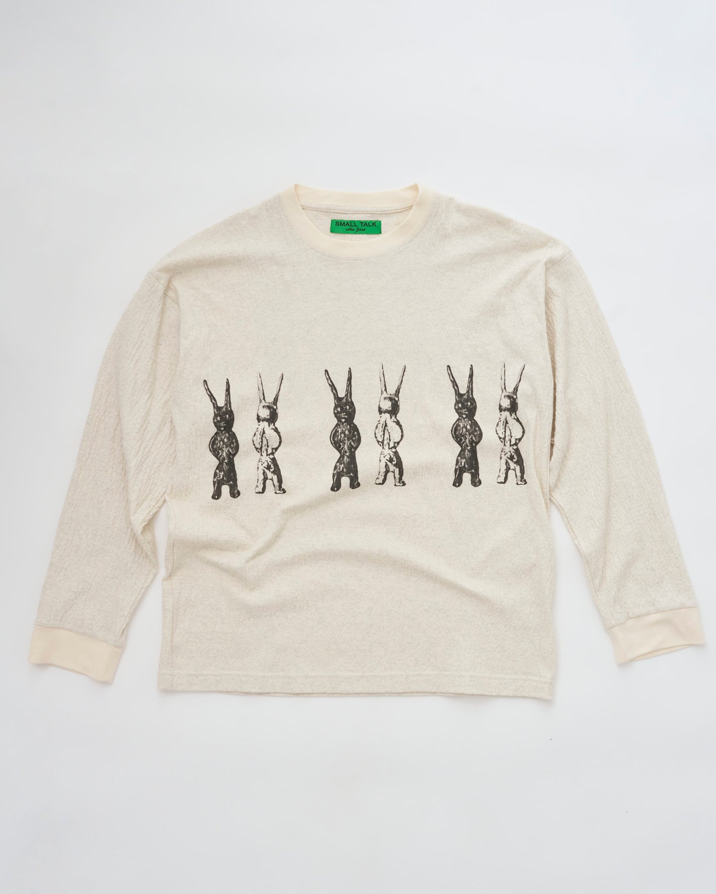 L/S Tee: Stone Bunnies Print, Ivory Heather Crinkle Jersey