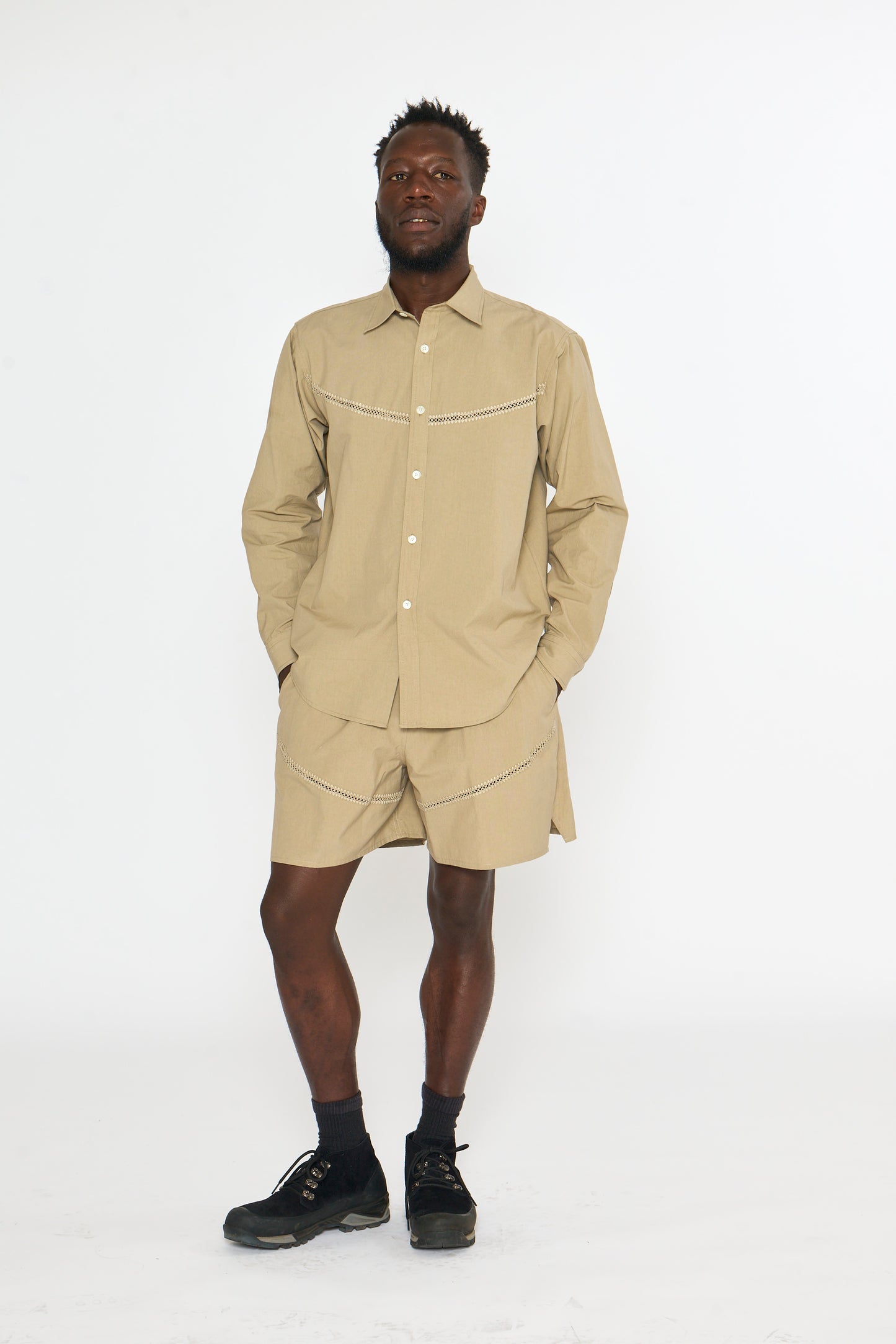 Drawstring Short: Crochet Vent, Sand