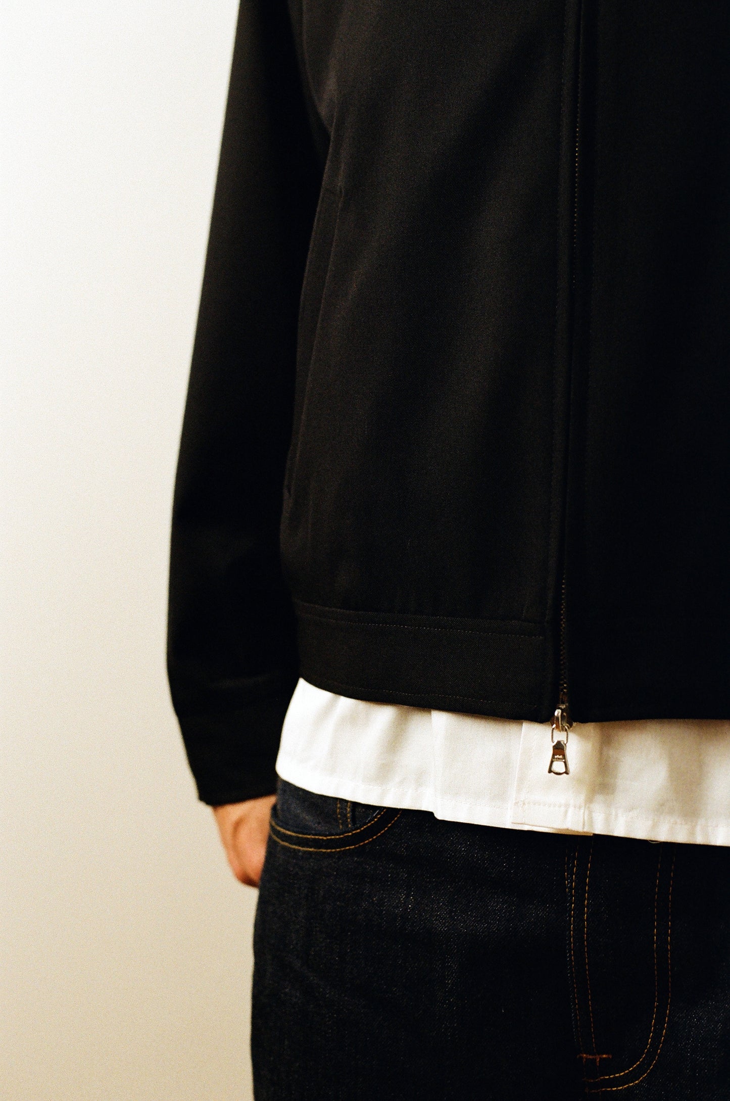 Zip Front Jacket: Black Wool Gabardine