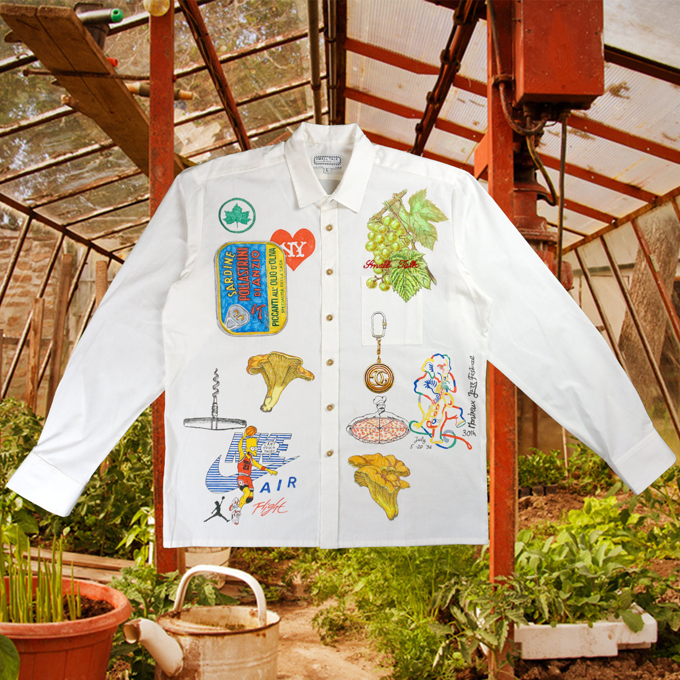 Custom white hand-drawn button front shirt