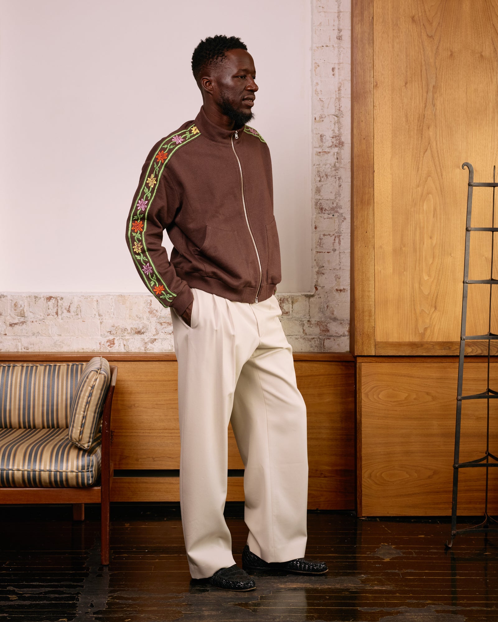 Hand-Embroidered Track Jacket: Brown