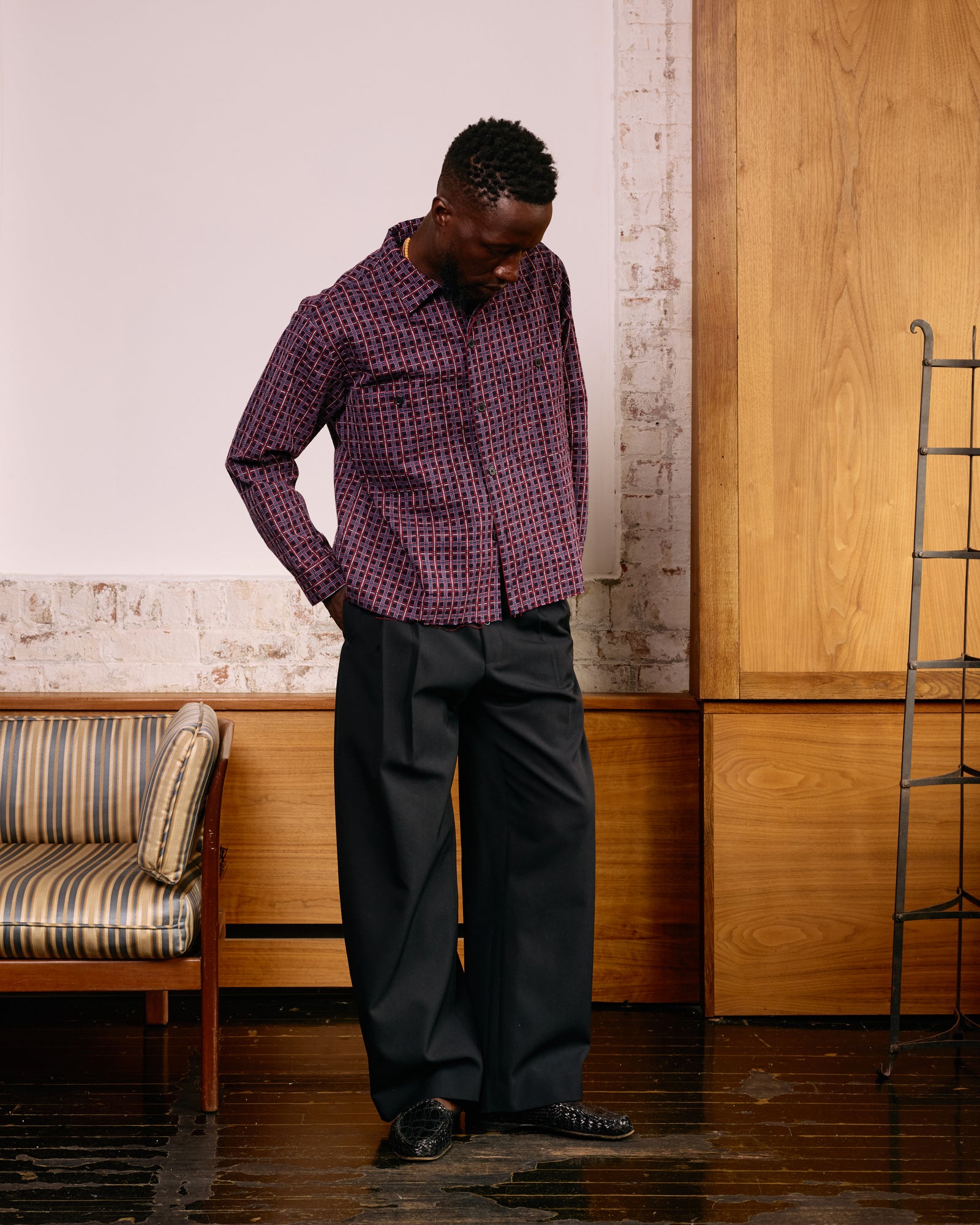 Raw Hem Overshirt: Navy Stitched Plaid