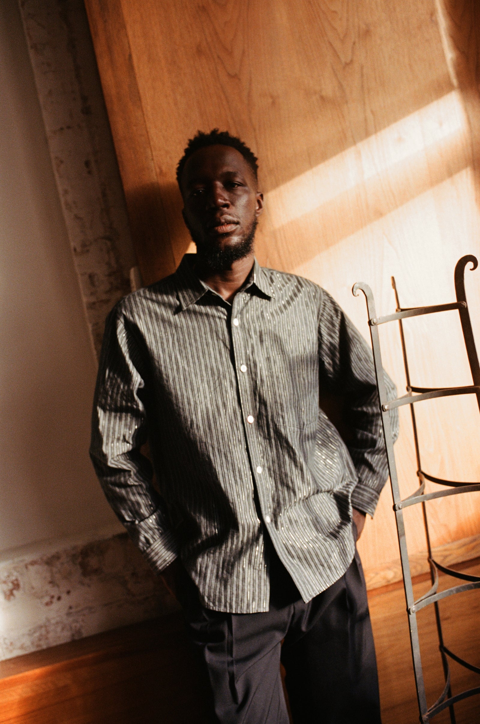 Curve Hem Dress Shirt: Black Metallic Stripe