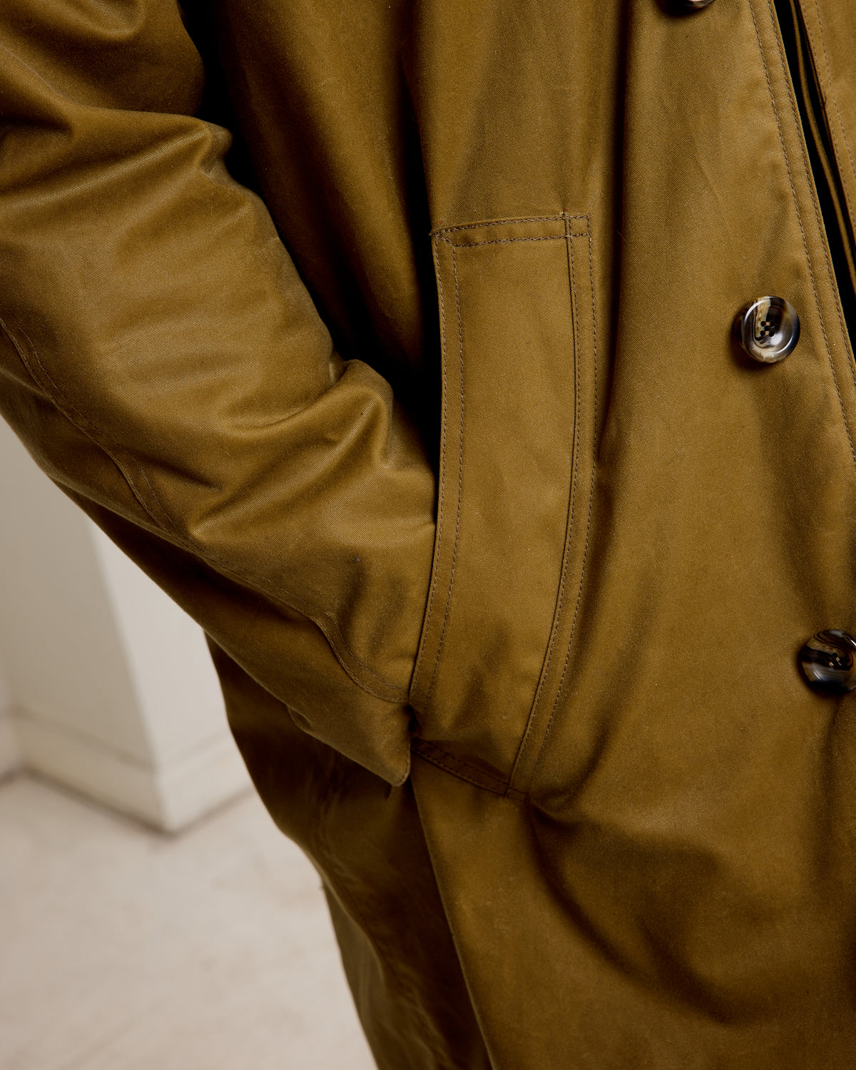 Western Overcoat: Blanket Lined Waxed Cotton, Olive Khaki