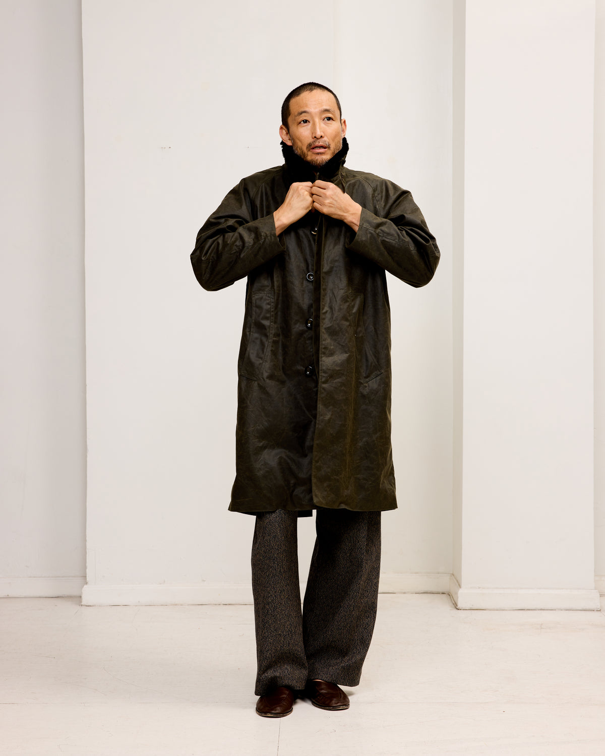 Western Overcoat: Blanket Lined Waxed Cotton, Dark Green