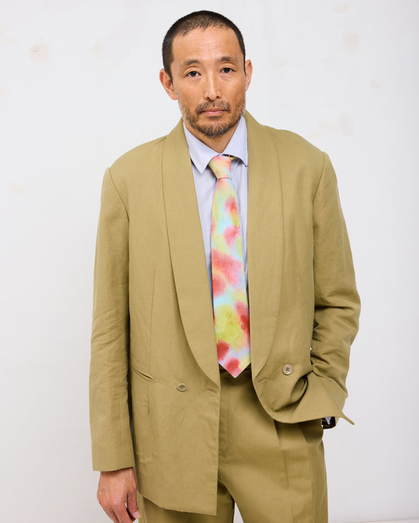 Shawl Collar Double Breasted Blazer: Cotton Linen Canvas, Sand