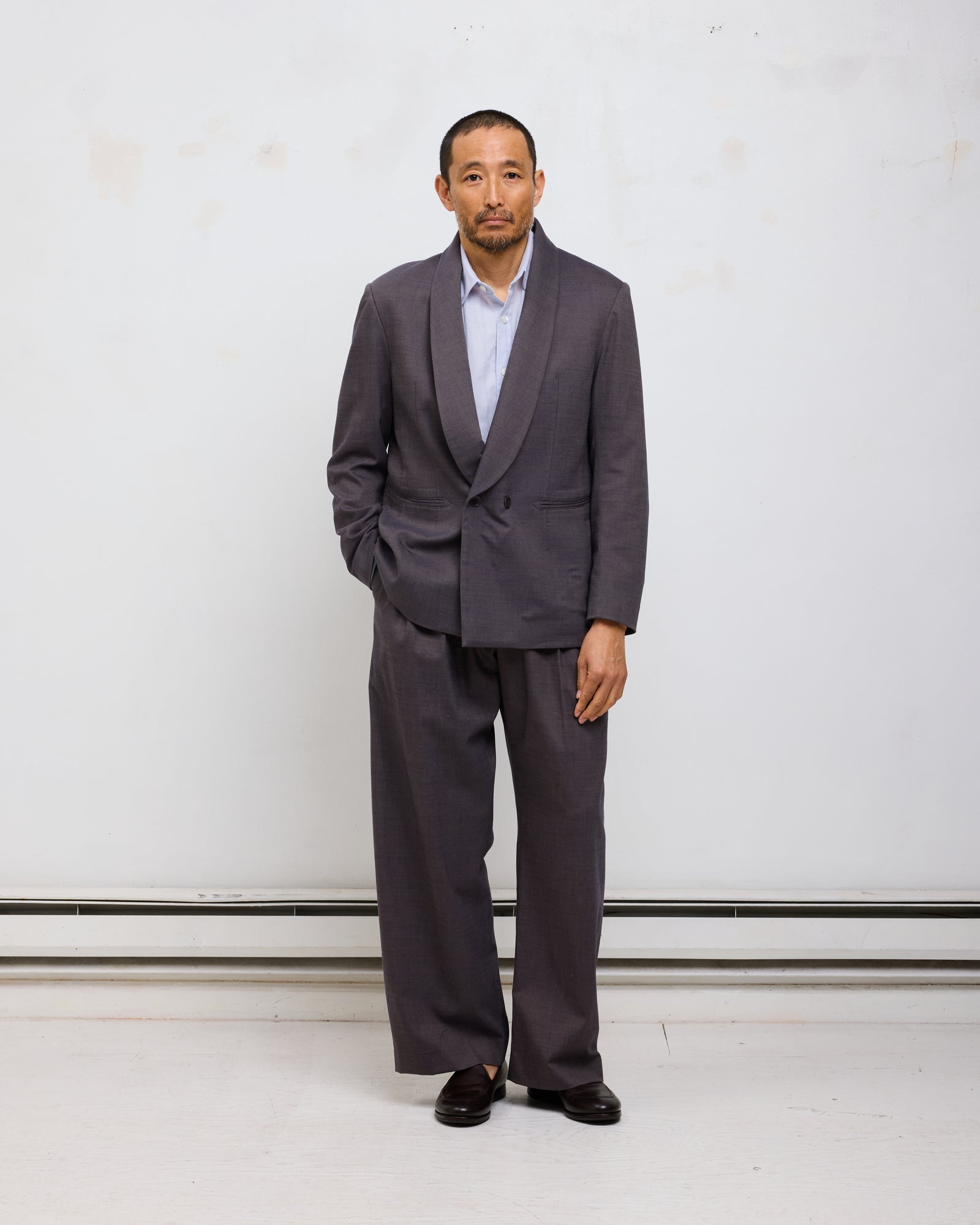 Shawl Collar Double Breasted Blazer: Cotton Wool Twill, Shark