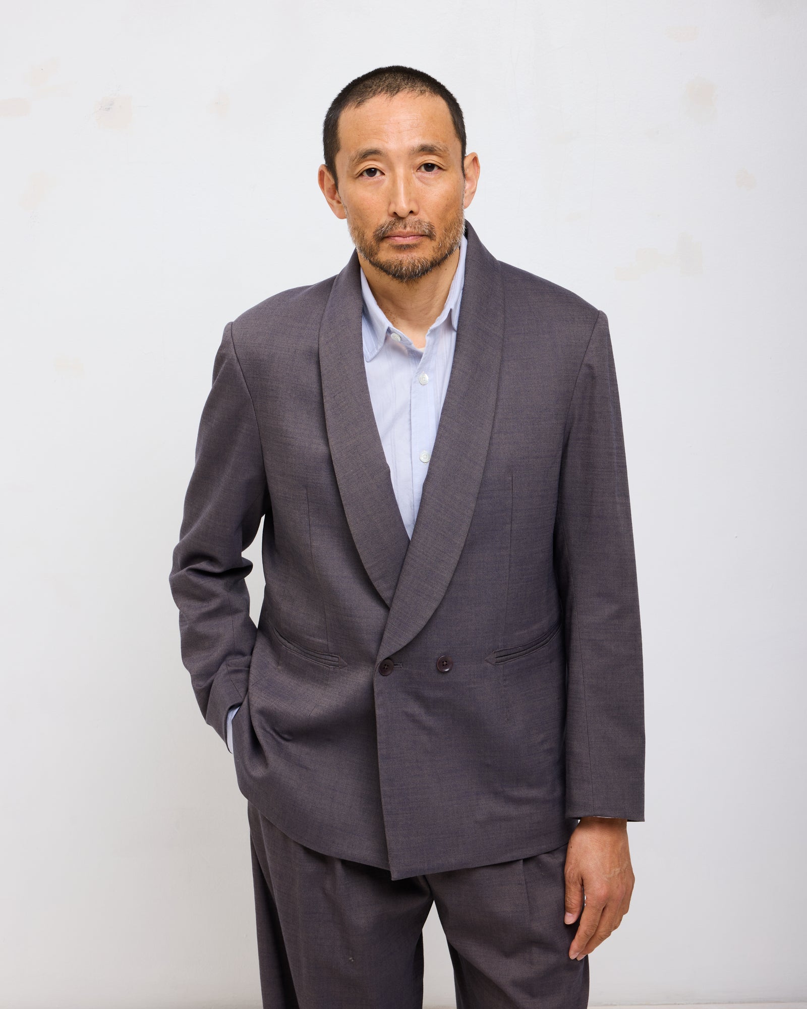 Shawl Collar Double Breasted Blazer: Cotton Wool Twill, Shark