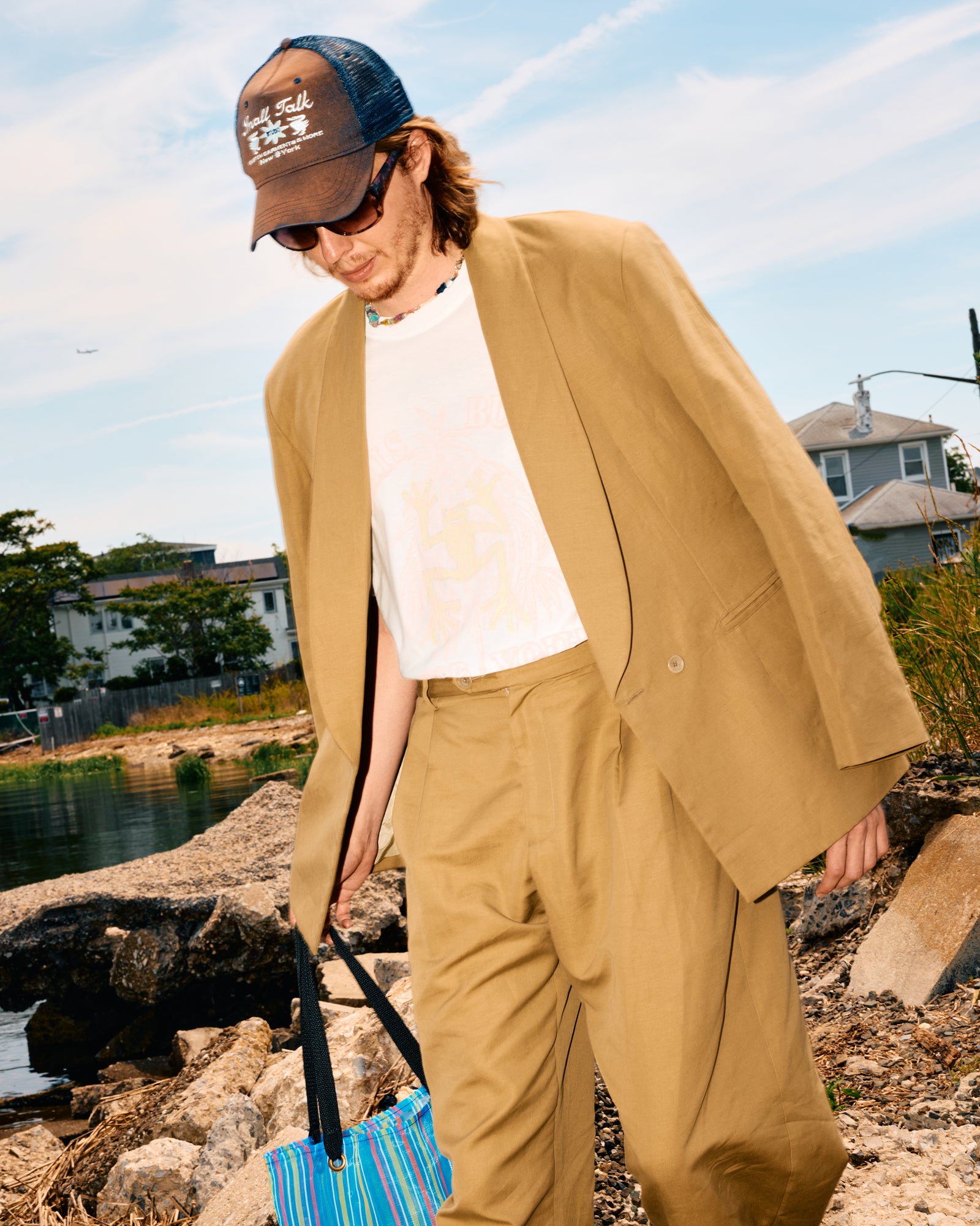 Shawl Collar Double Breasted Blazer: Cotton Linen Canvas, Sand