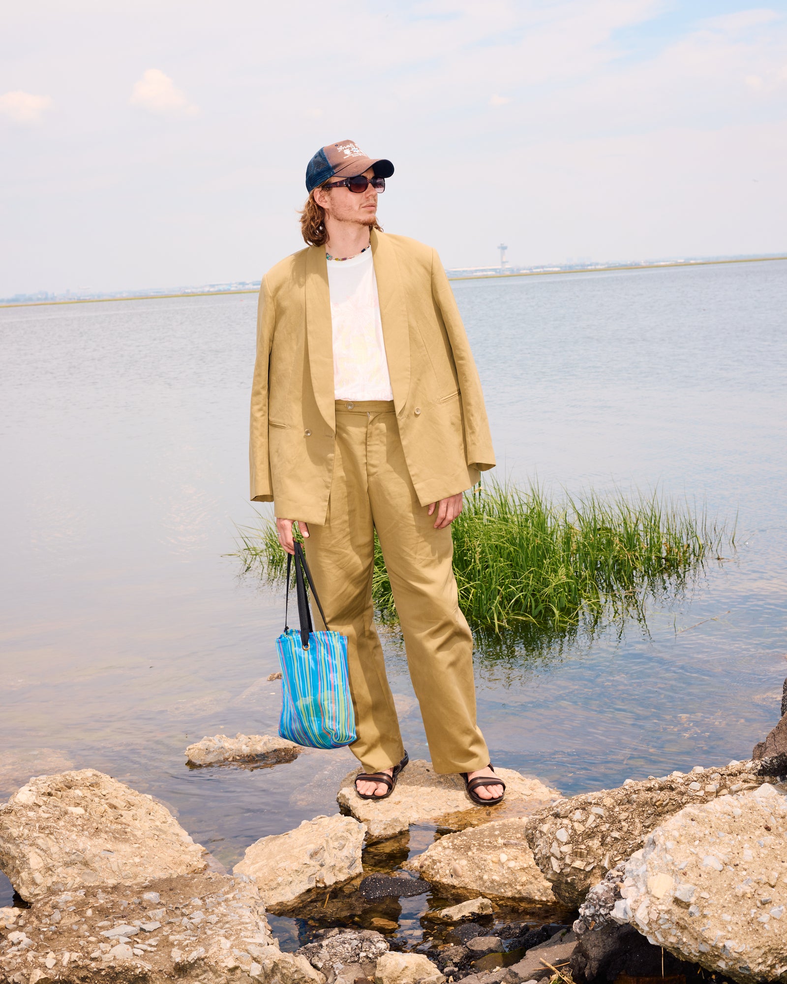 Shawl Collar Double Breasted Blazer: Cotton Linen Canvas, Sand