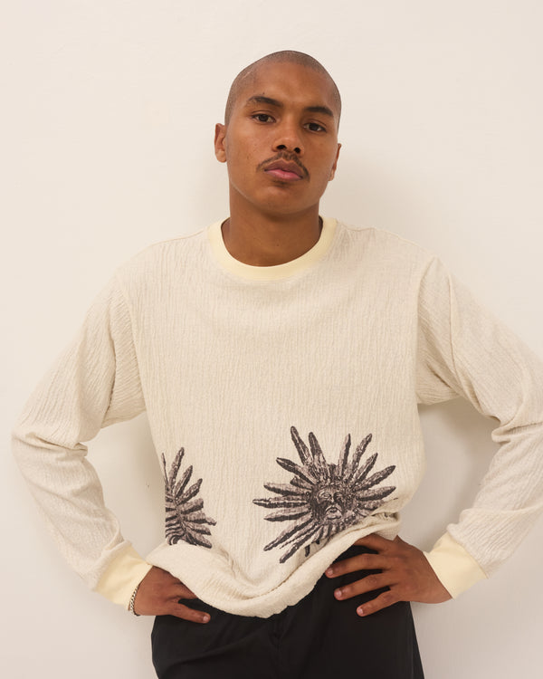 L/S Tee: Stone Sun, Ivory Heather Crinkle Jersey