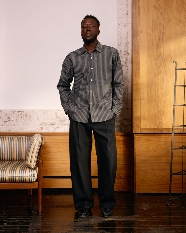 Curve Hem Dress Shirt: Black Metallic Stripe