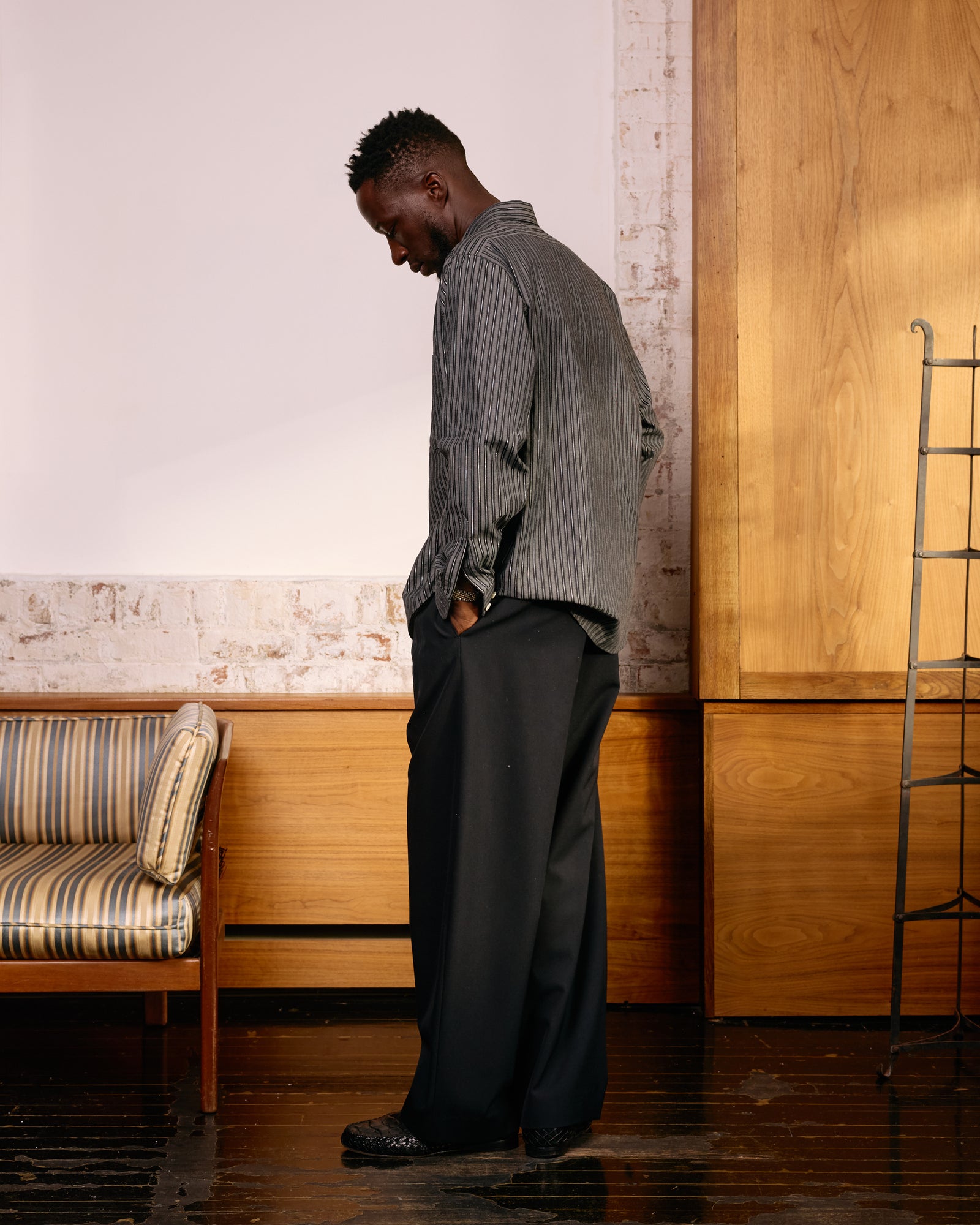 Curve Hem Dress Shirt: Black Metallic Stripe