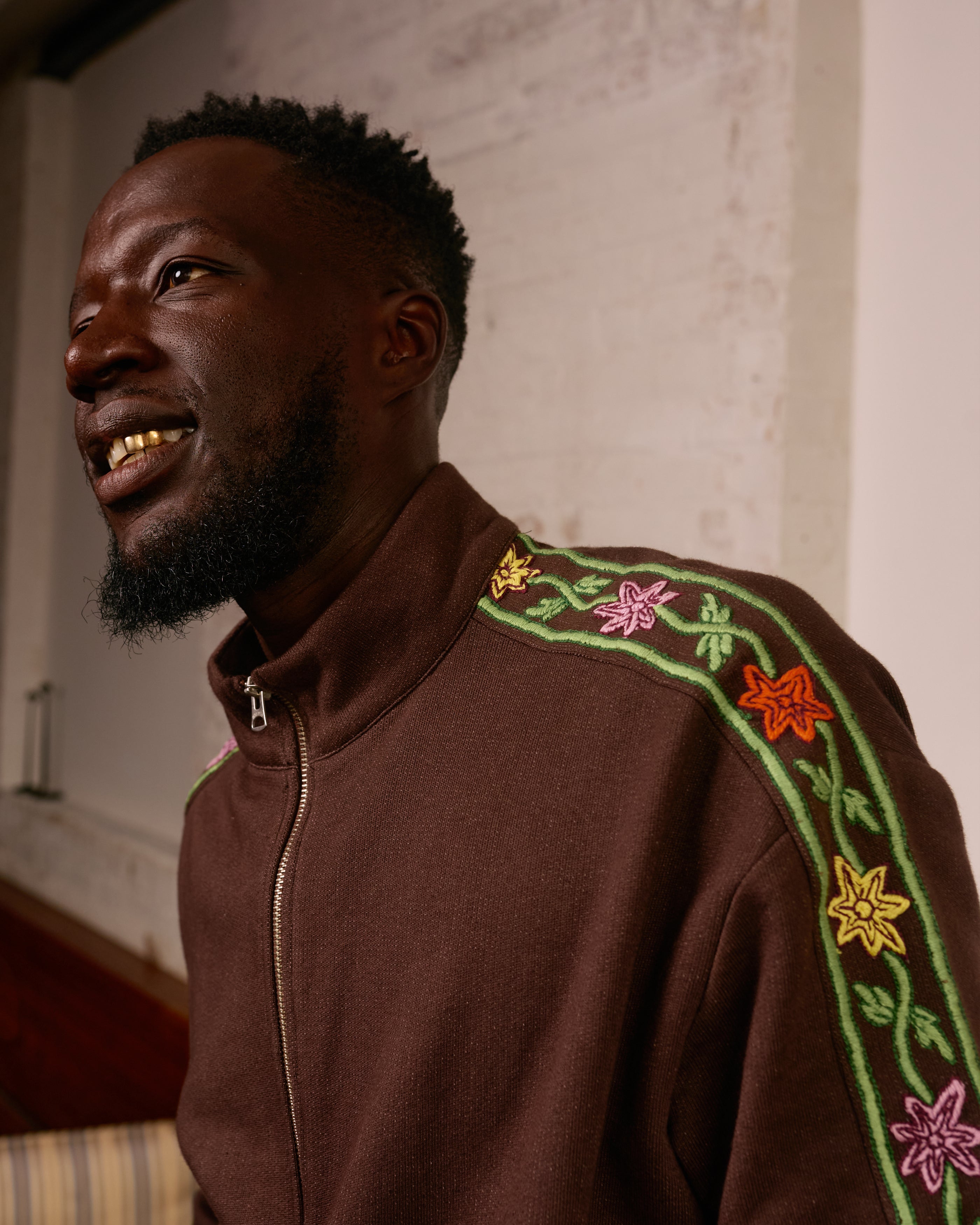 Hand-Embroidered Track Jacket: Brown – Small Talk Studio