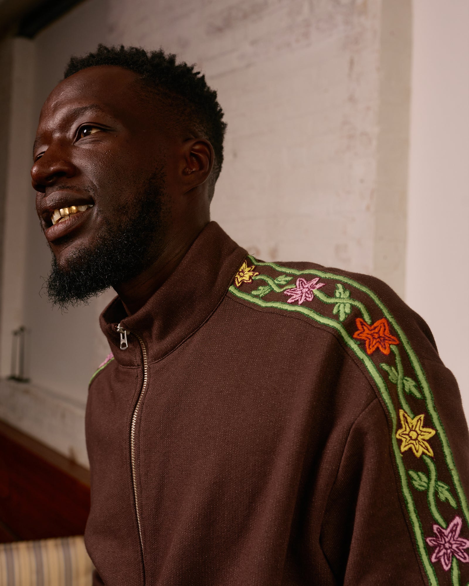 Hand-Embroidered Track Jacket: Brown