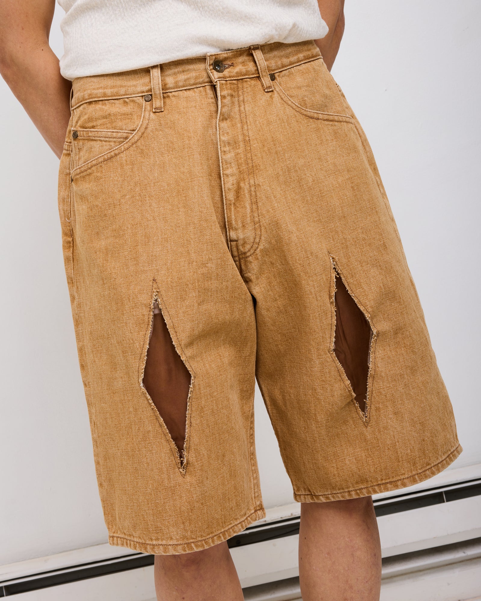 Baggy Jean Cut Short: Diamond Cutout Quicksand Selvedge Denim