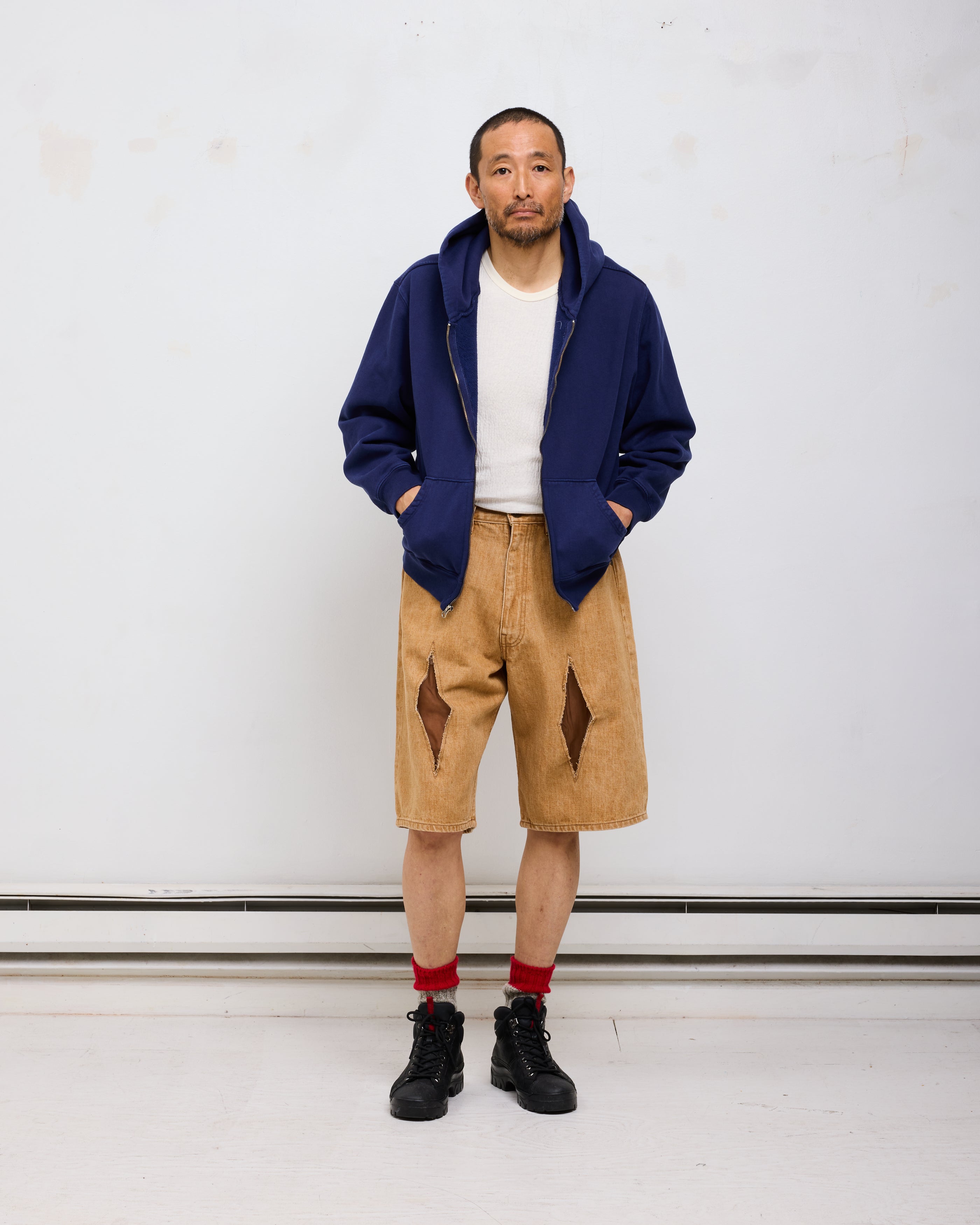 Baggy Jean Cut Short: Diamond Cutout Quicksand Selvedge Denim