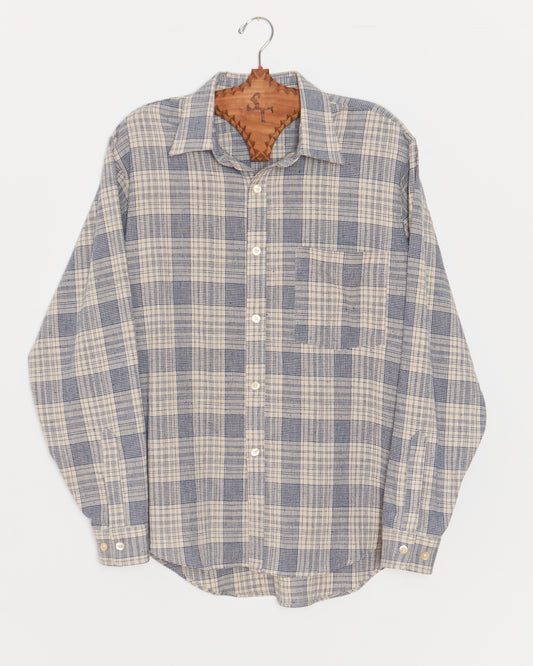 Curve Hem Dress Shirt: Blue Plaid Cotton Linen Slub