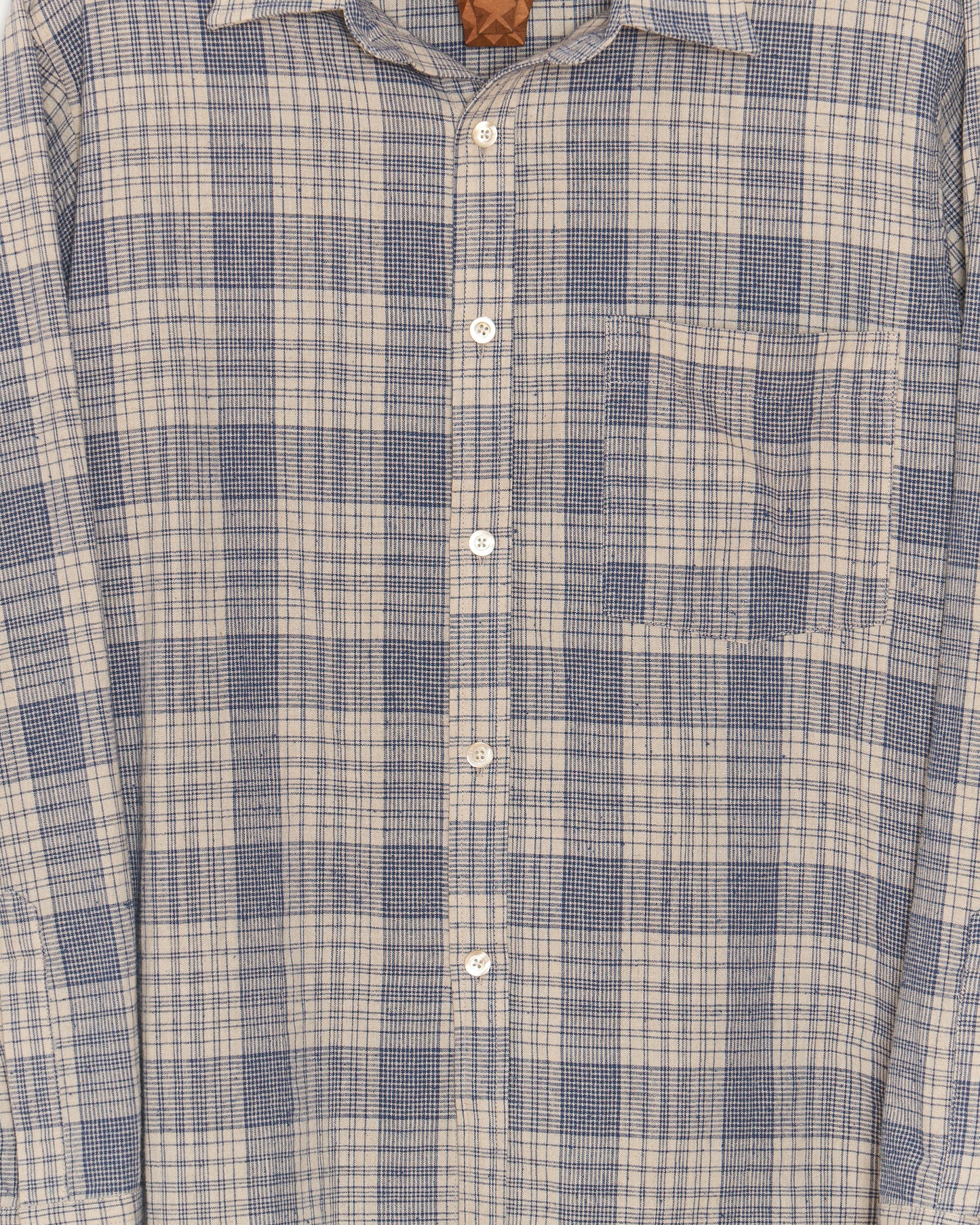 Curve Hem Dress Shirt: Blue Plaid Cotton Linen Slub