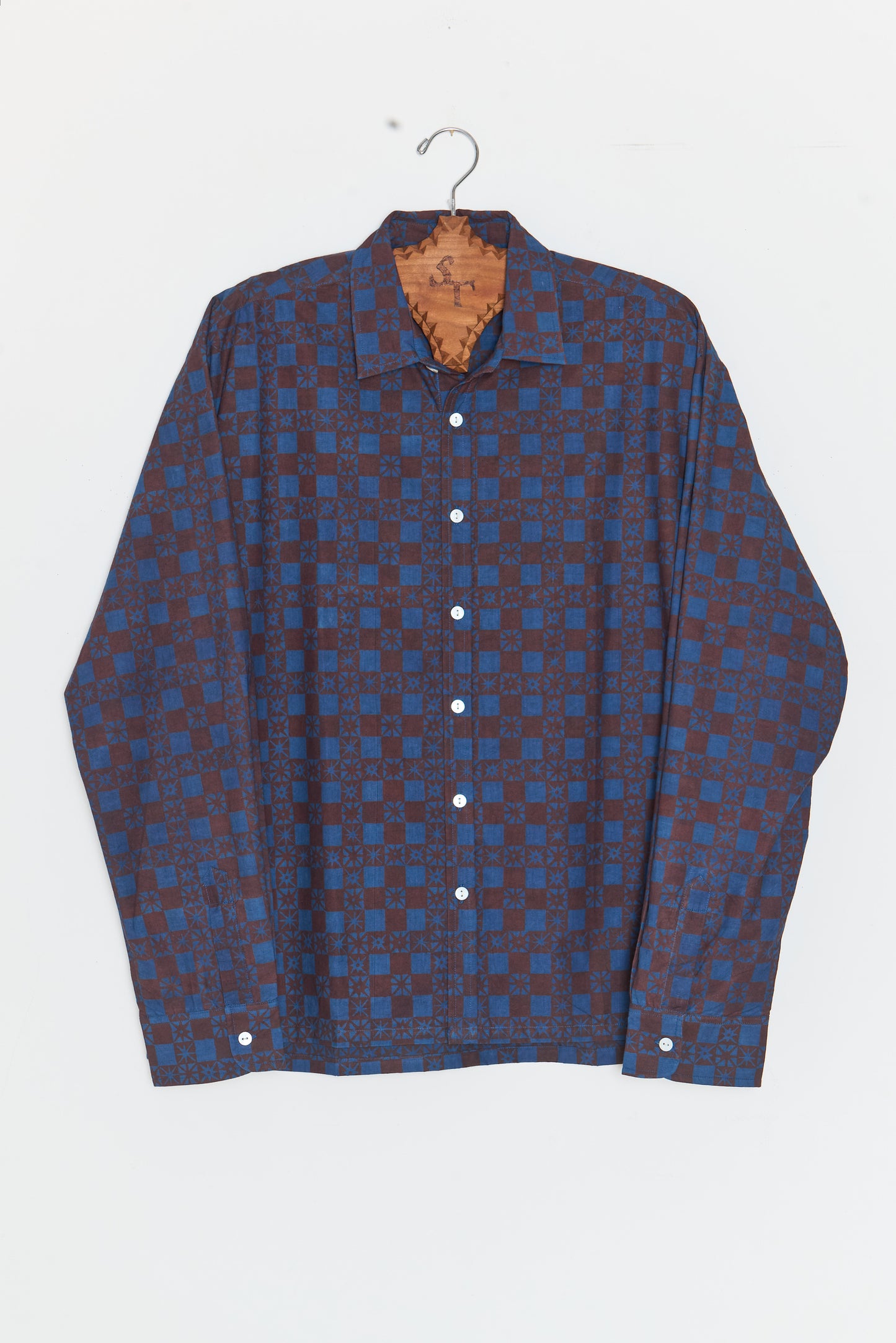 Straight Hem Dress Shirt: Block Print Night