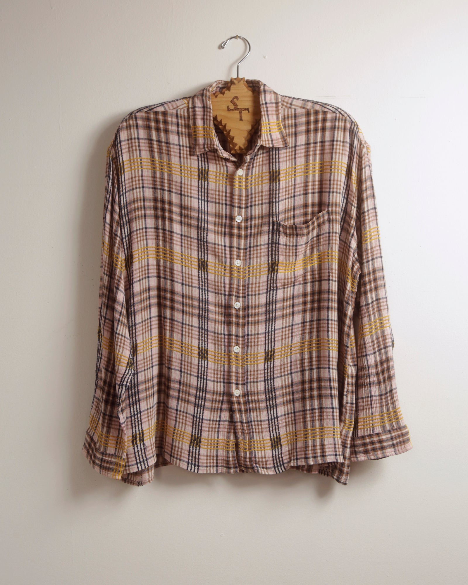 Pink Plaid Dobby Flat Hem L/S Shirt