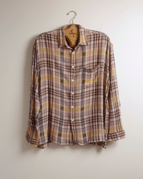 Pink Plaid Dobby Flat Hem L/S Shirt