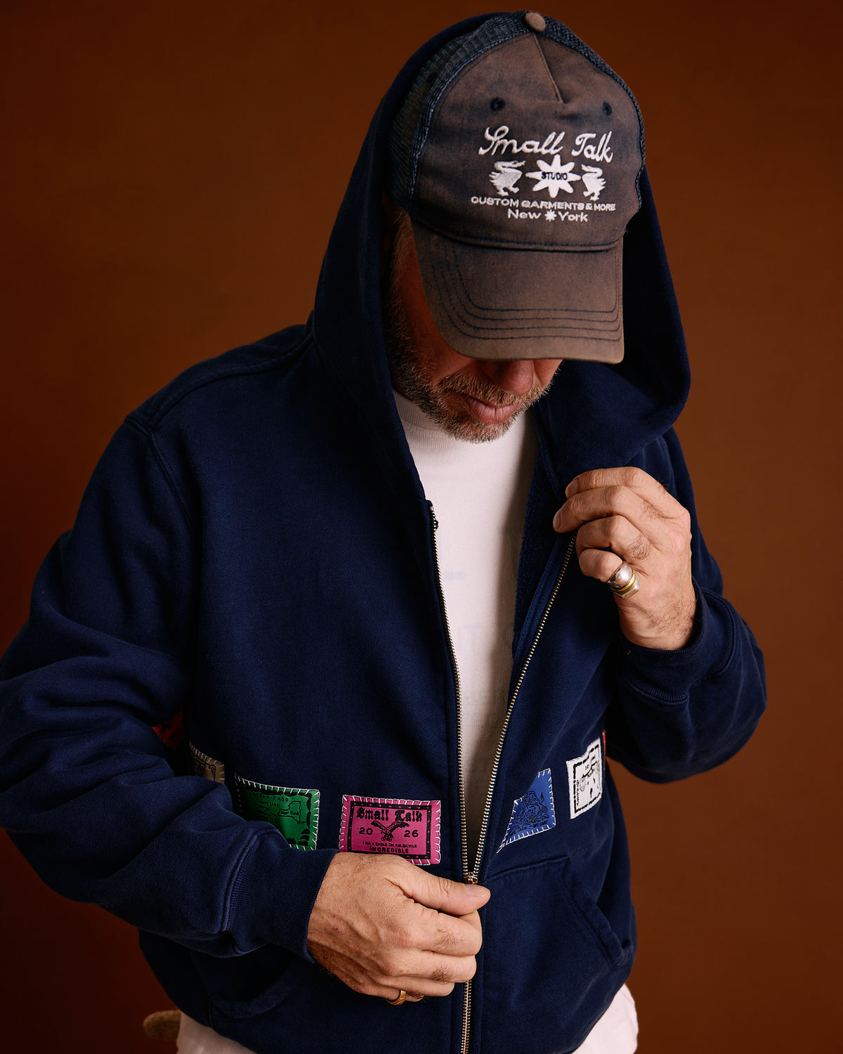 Zip Hoodie: Patch Applique, Washed Navy