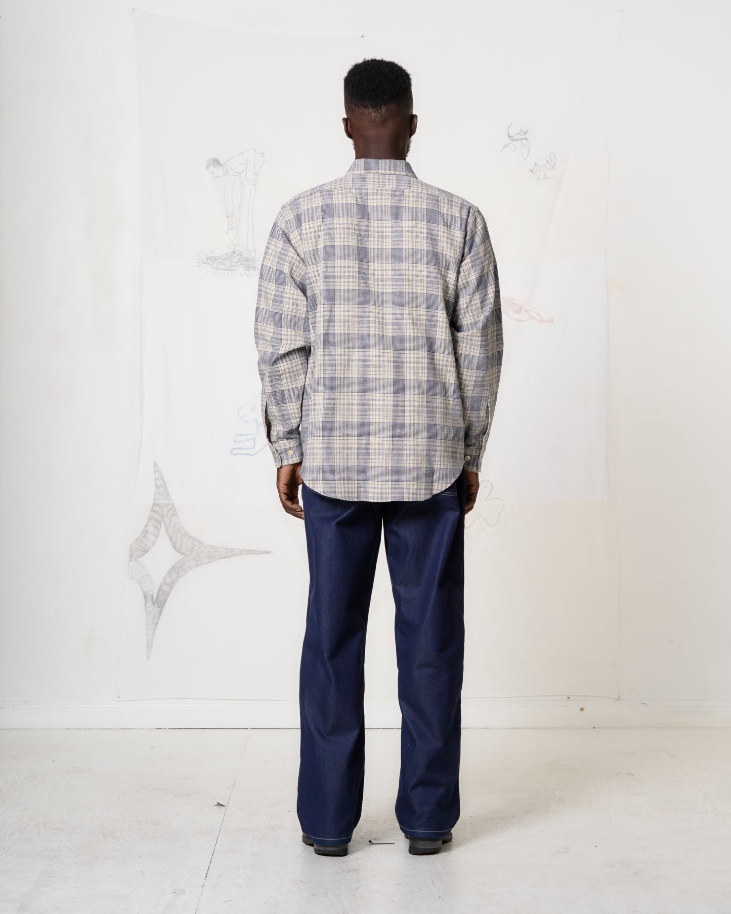 Curve Hem Dress Shirt: Blue Plaid Cotton Linen Slub