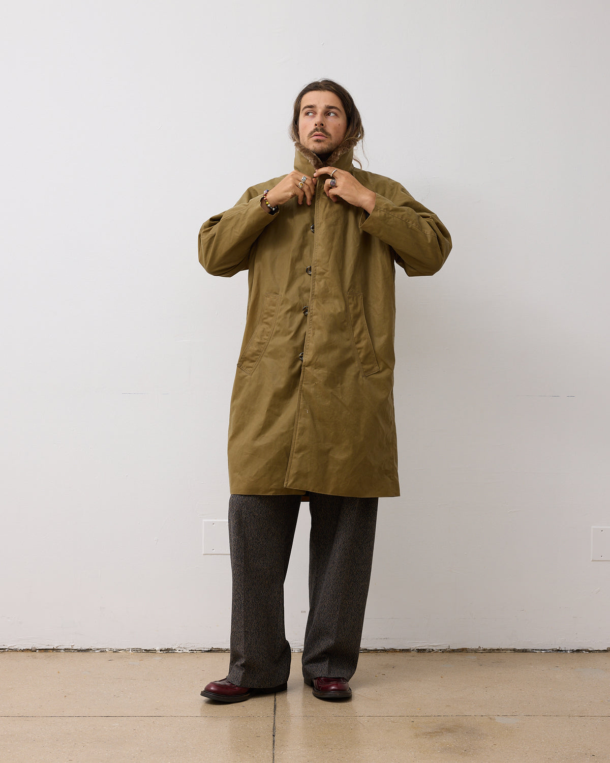 Western Overcoat: Blanket Lined Waxed Cotton, Olive Khaki
