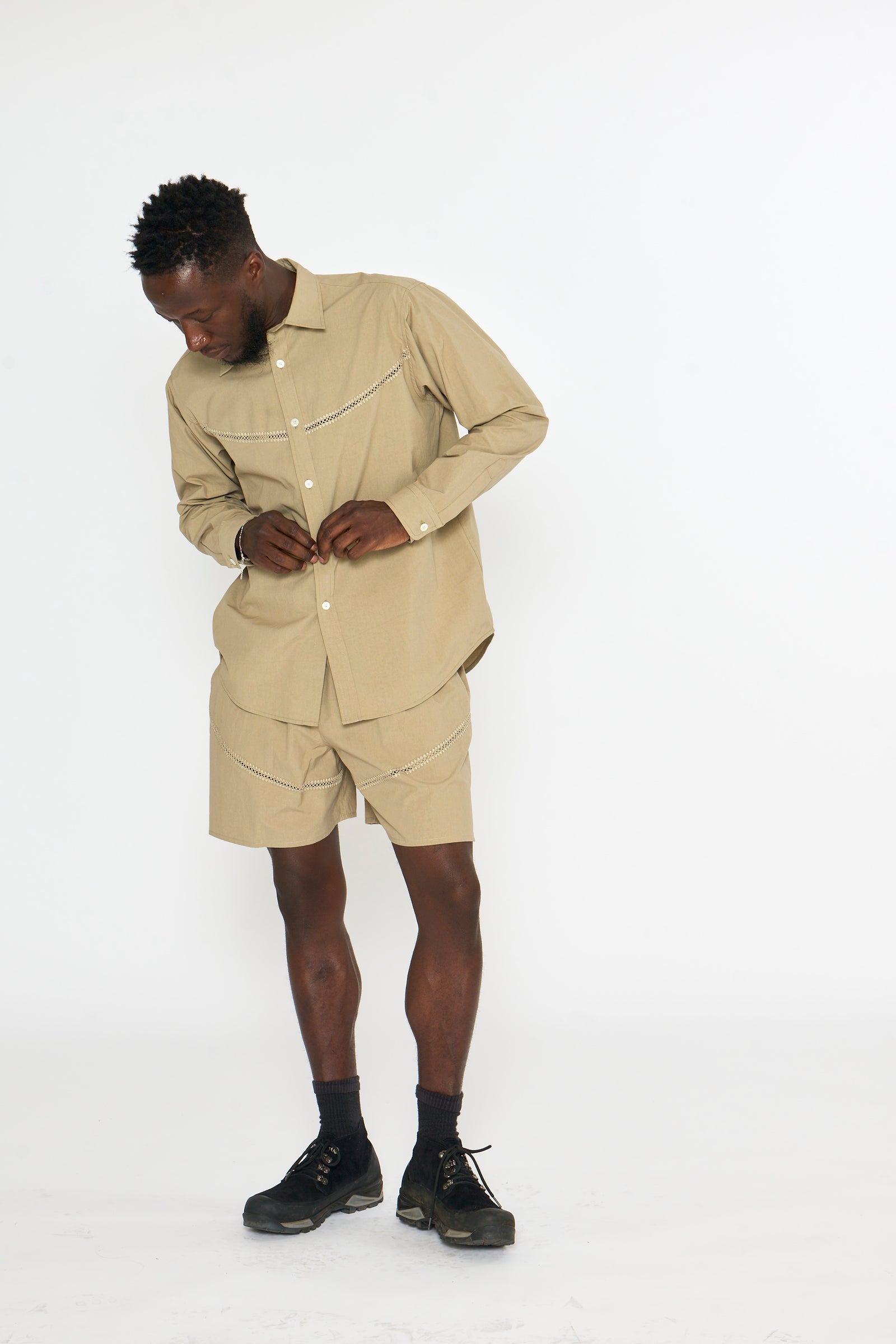 Drawstring Short: Crochet Vent, Sand