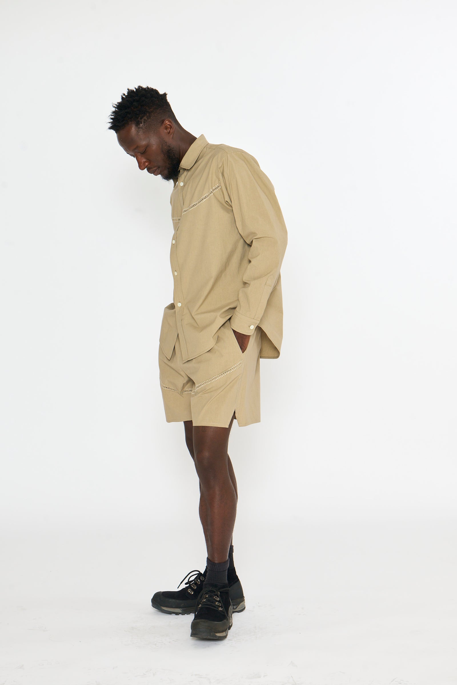 Drawstring Short: Crochet Vent, Sand