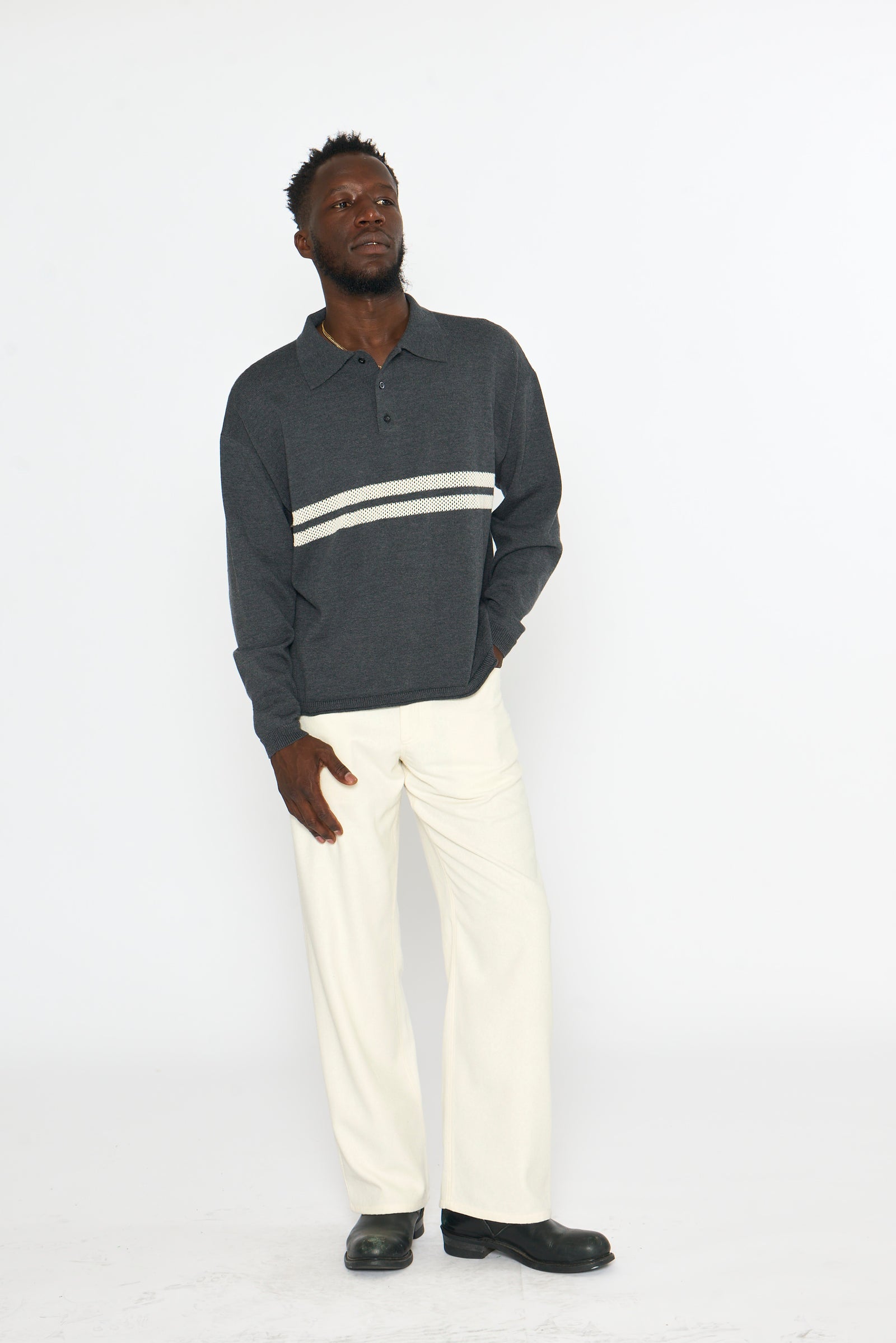 Knit Polo: Mesh Stripe, Charcoal