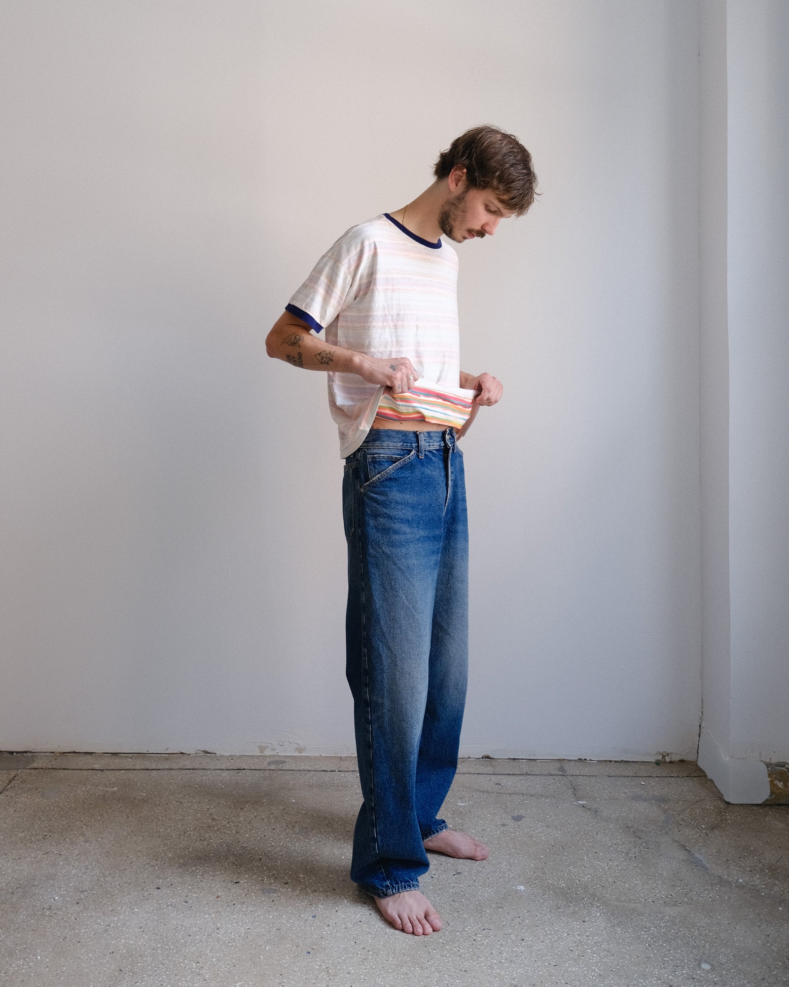 S/S T-shirt: Reverse Hand Painted Stripe Ringer