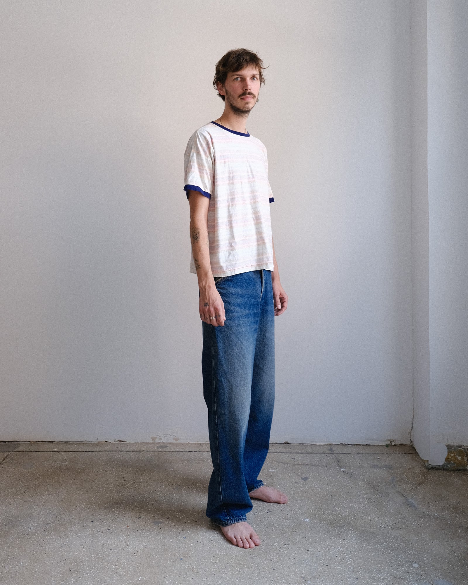 S/S T-shirt: Reverse Hand Painted Stripe Ringer