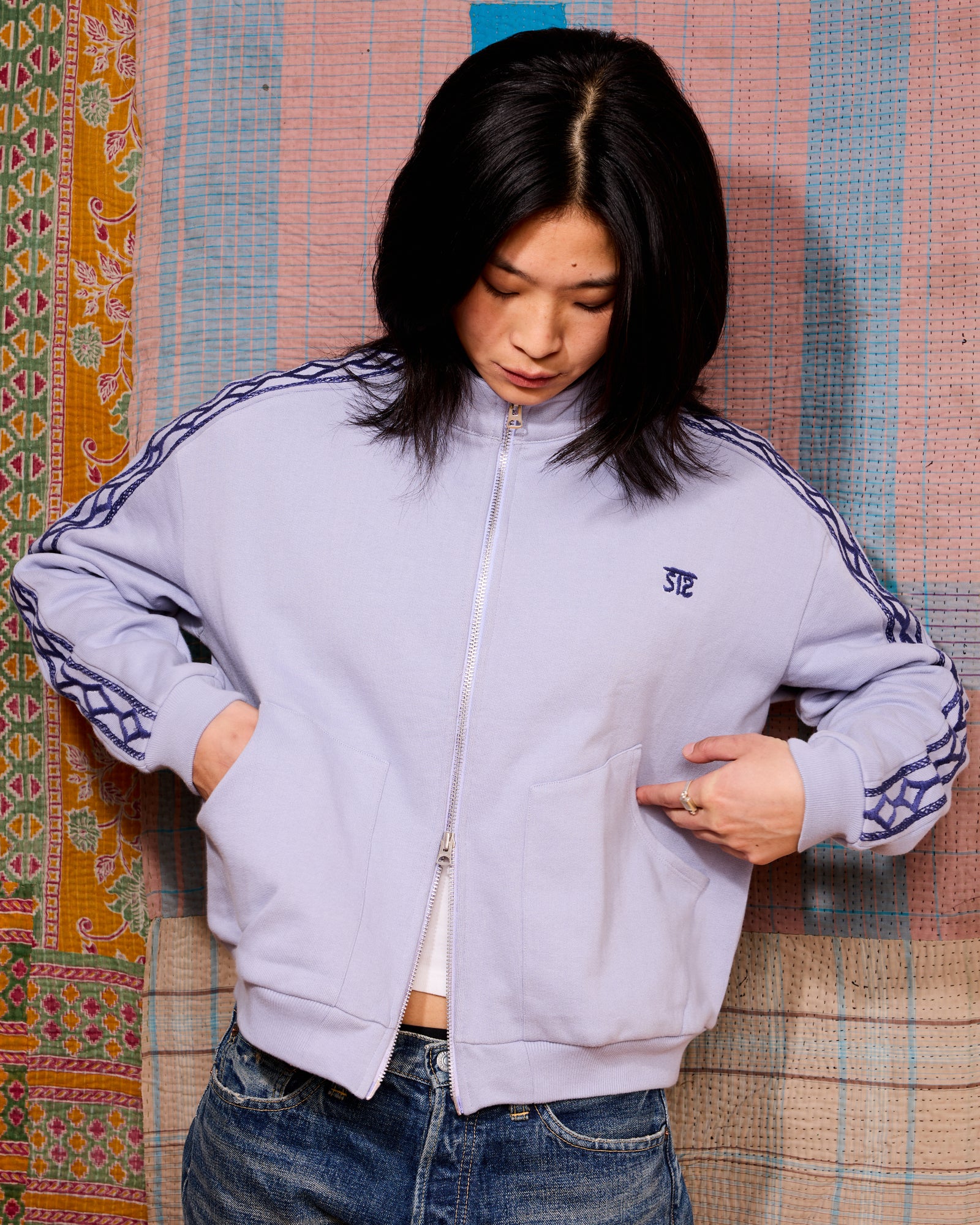 Hand-Embroidered Track Jacket: Heron Blue