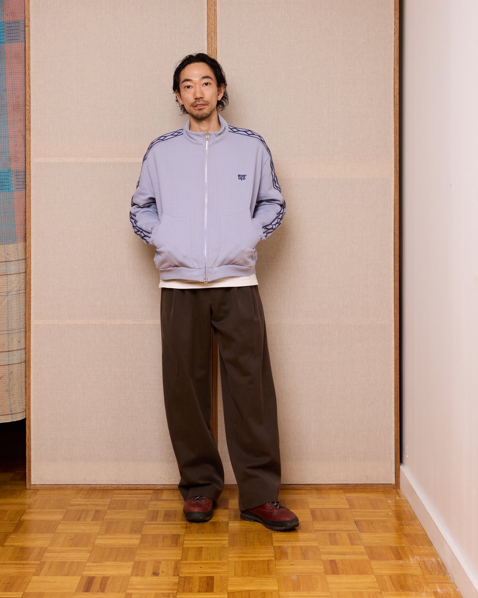 Hand-Embroidered Track Jacket: Heron Blue