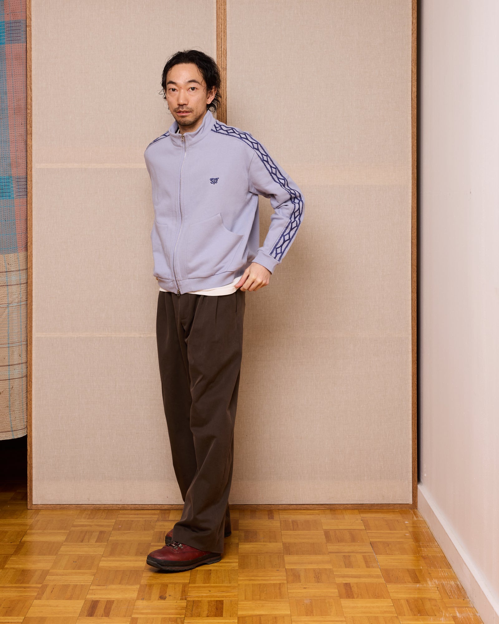 Hand-Embroidered Track Jacket: Heron Blue
