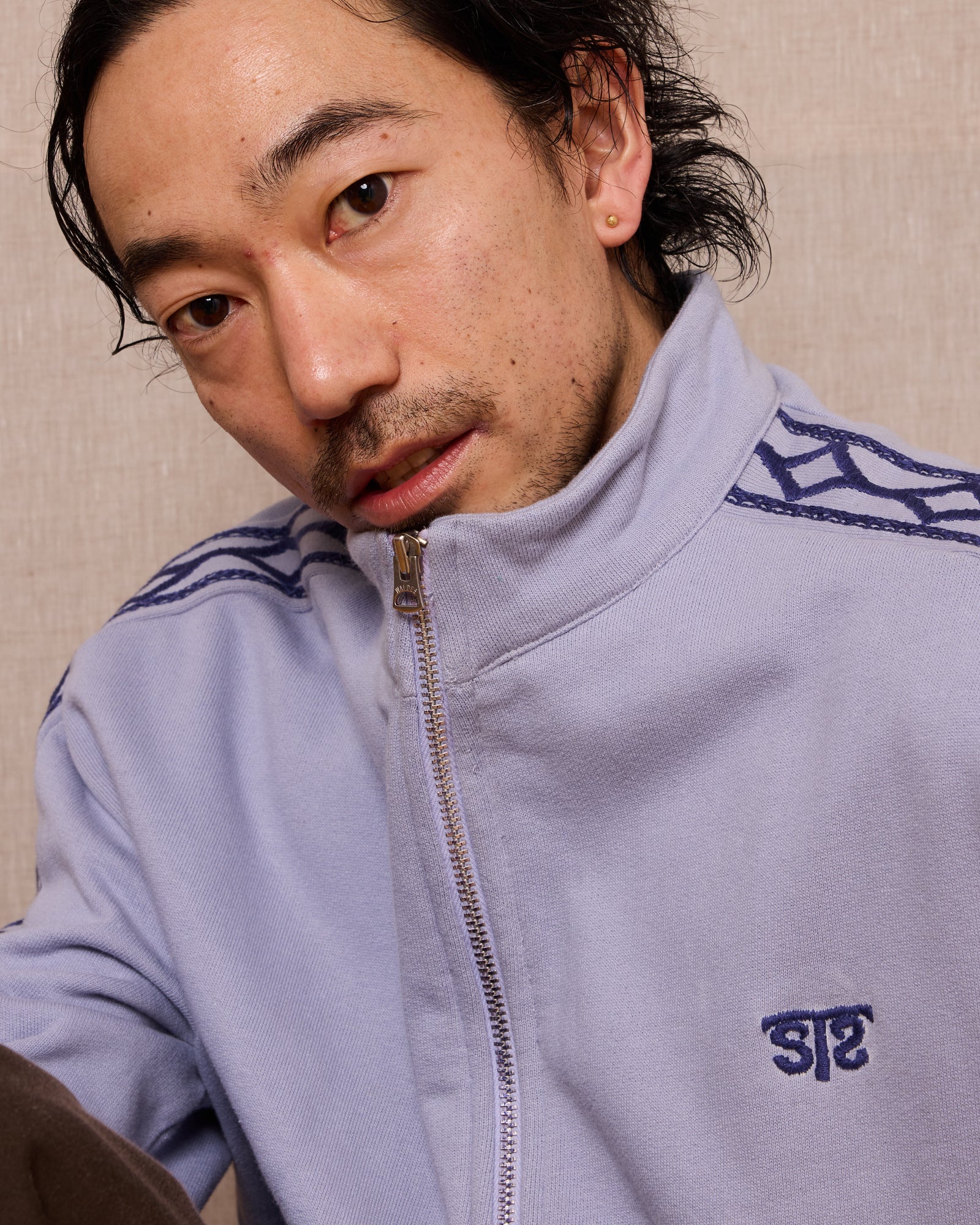 Hand-Embroidered Track Jacket: Heron Blue