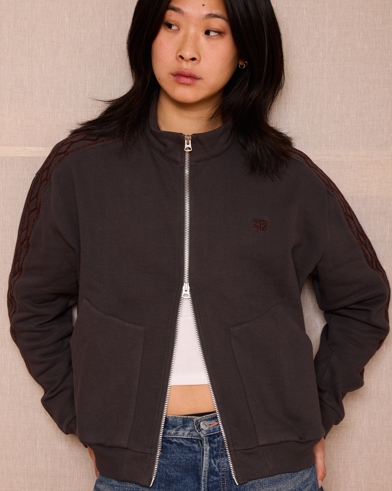Hand-Embroidered Track Jacket: Washed Black
