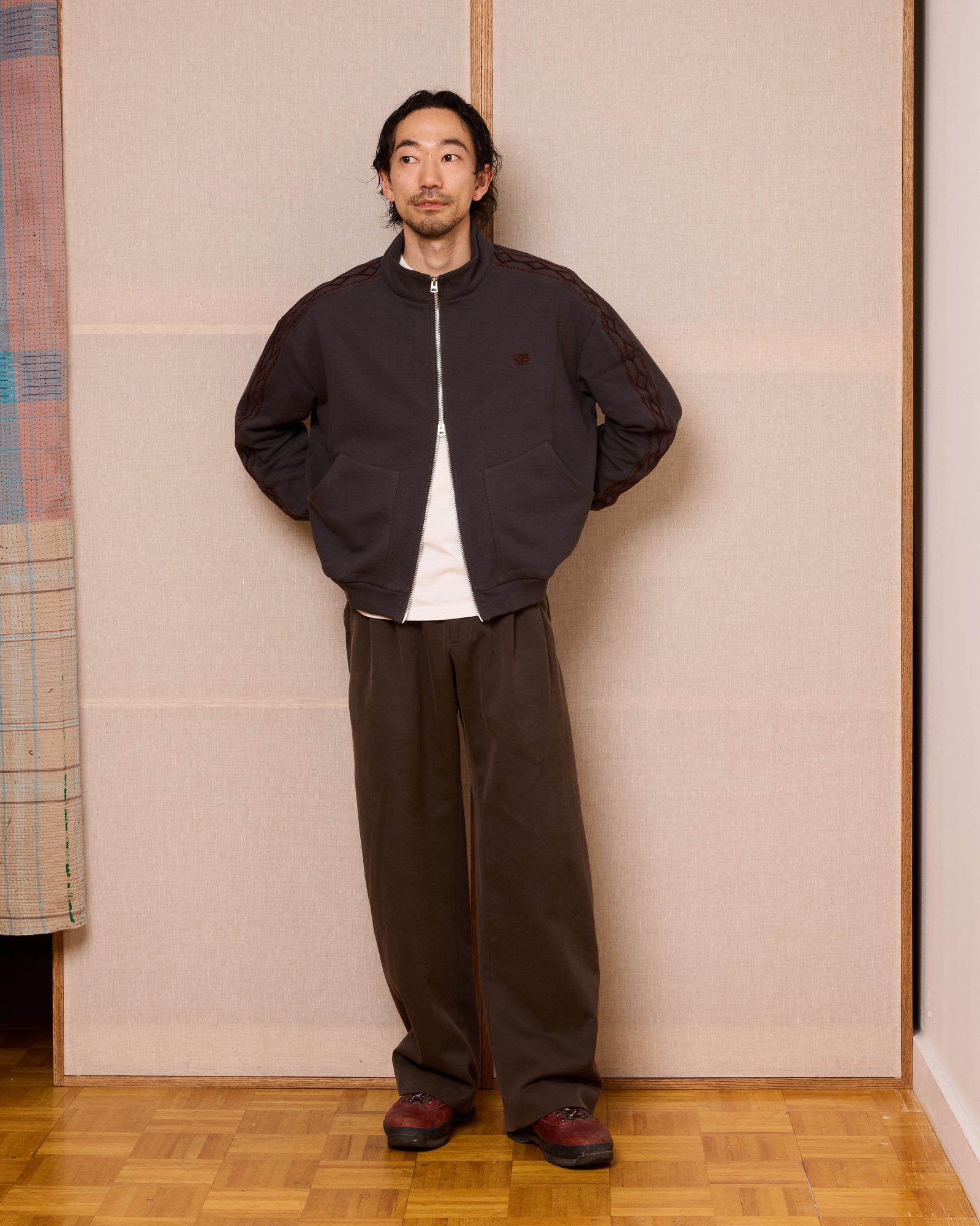 Hand-Embroidered Track Jacket: Washed Black