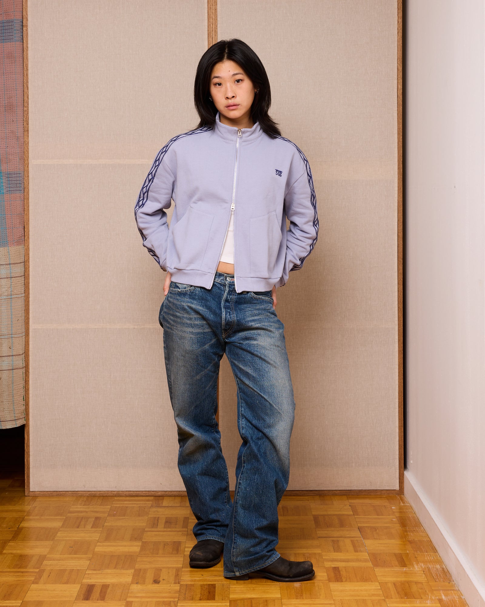 Hand-Embroidered Track Jacket: Heron Blue