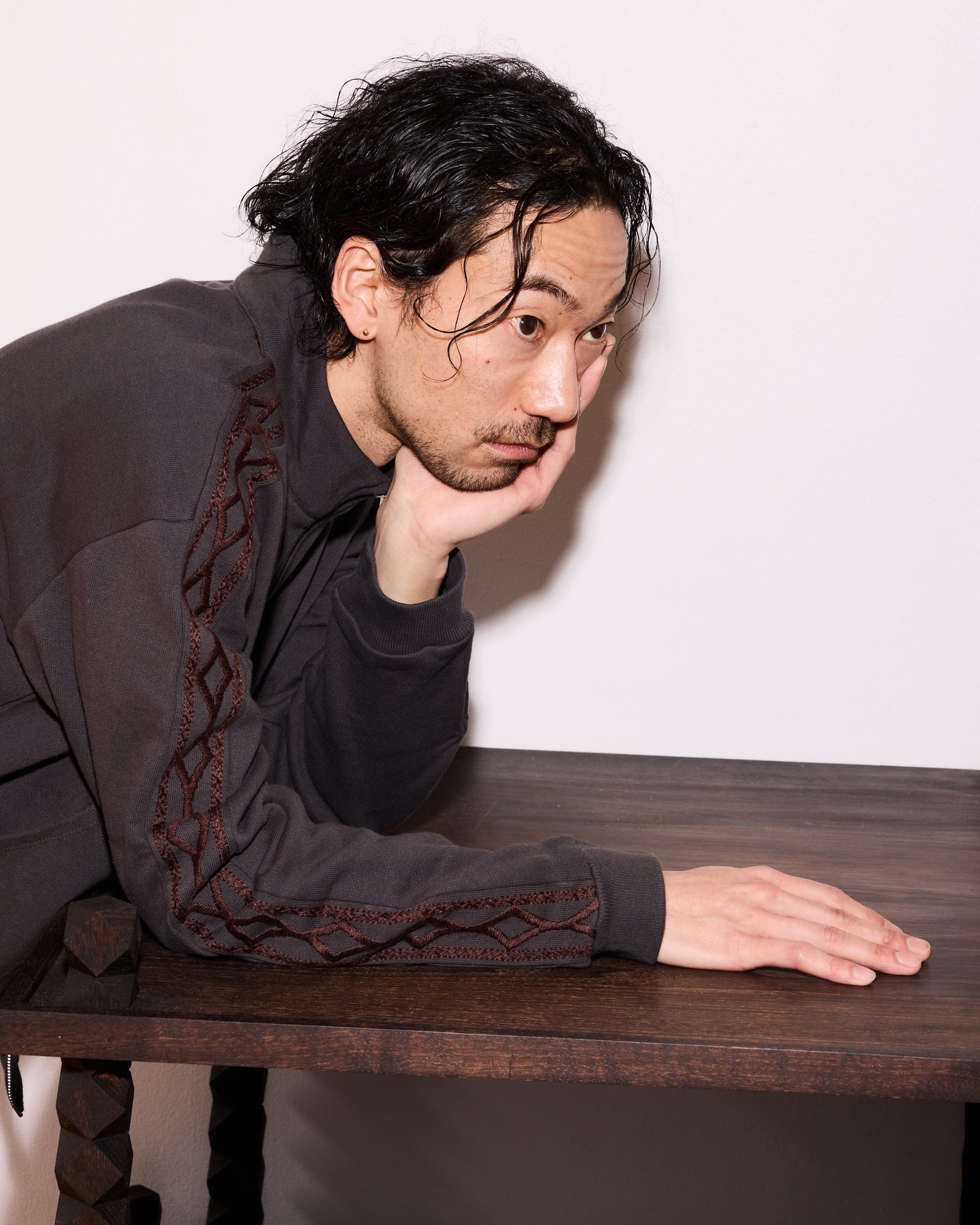 Hand-Embroidered Track Jacket: Washed Black