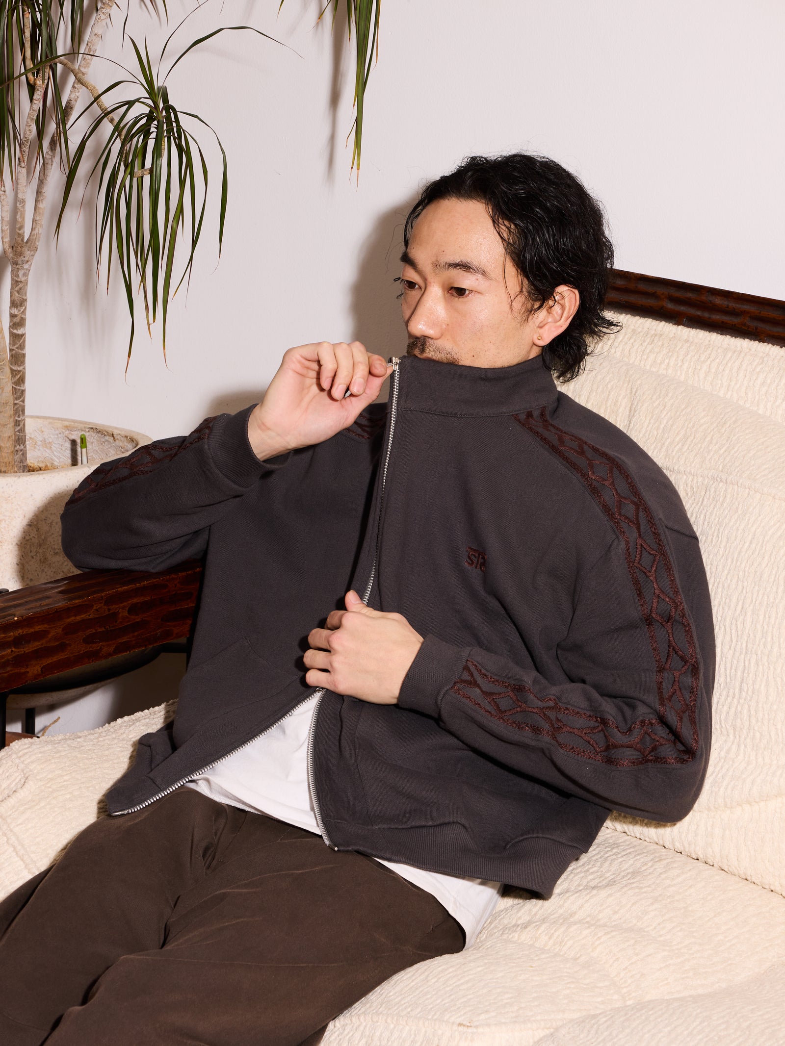 Hand-Embroidered Track Jacket: Washed Black