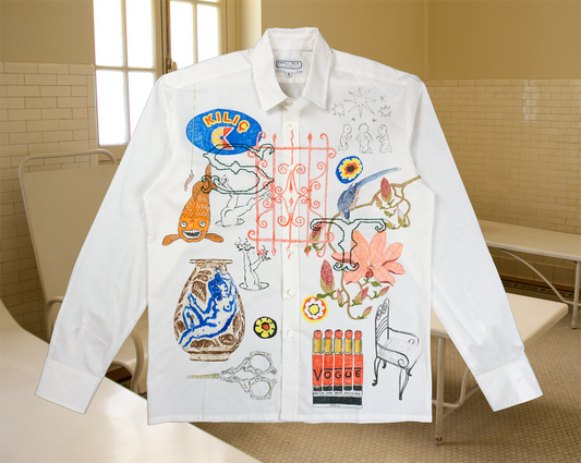 Custom white hand-drawn button front shirt